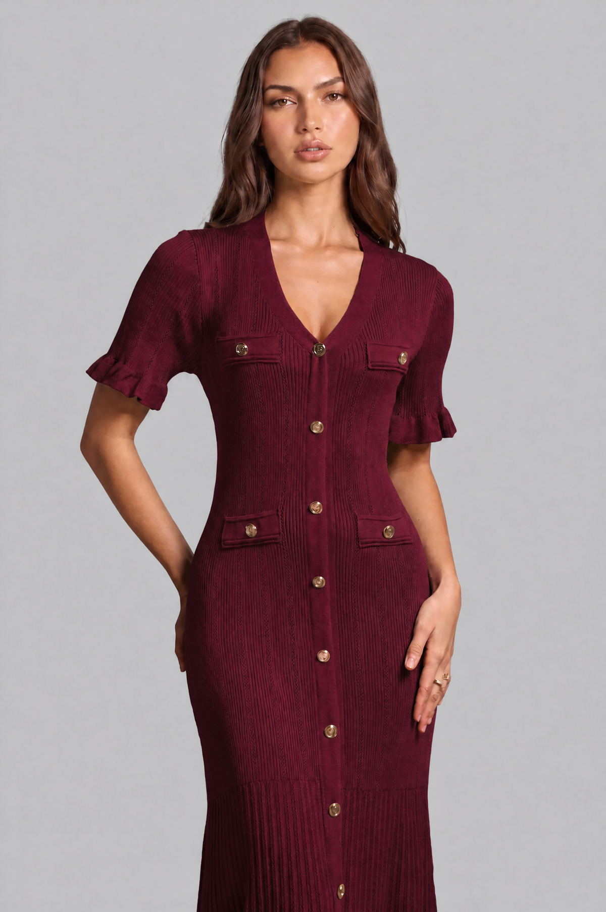 Ribbed Knit Midi Dress with Gold Buttons Audrey Calvero