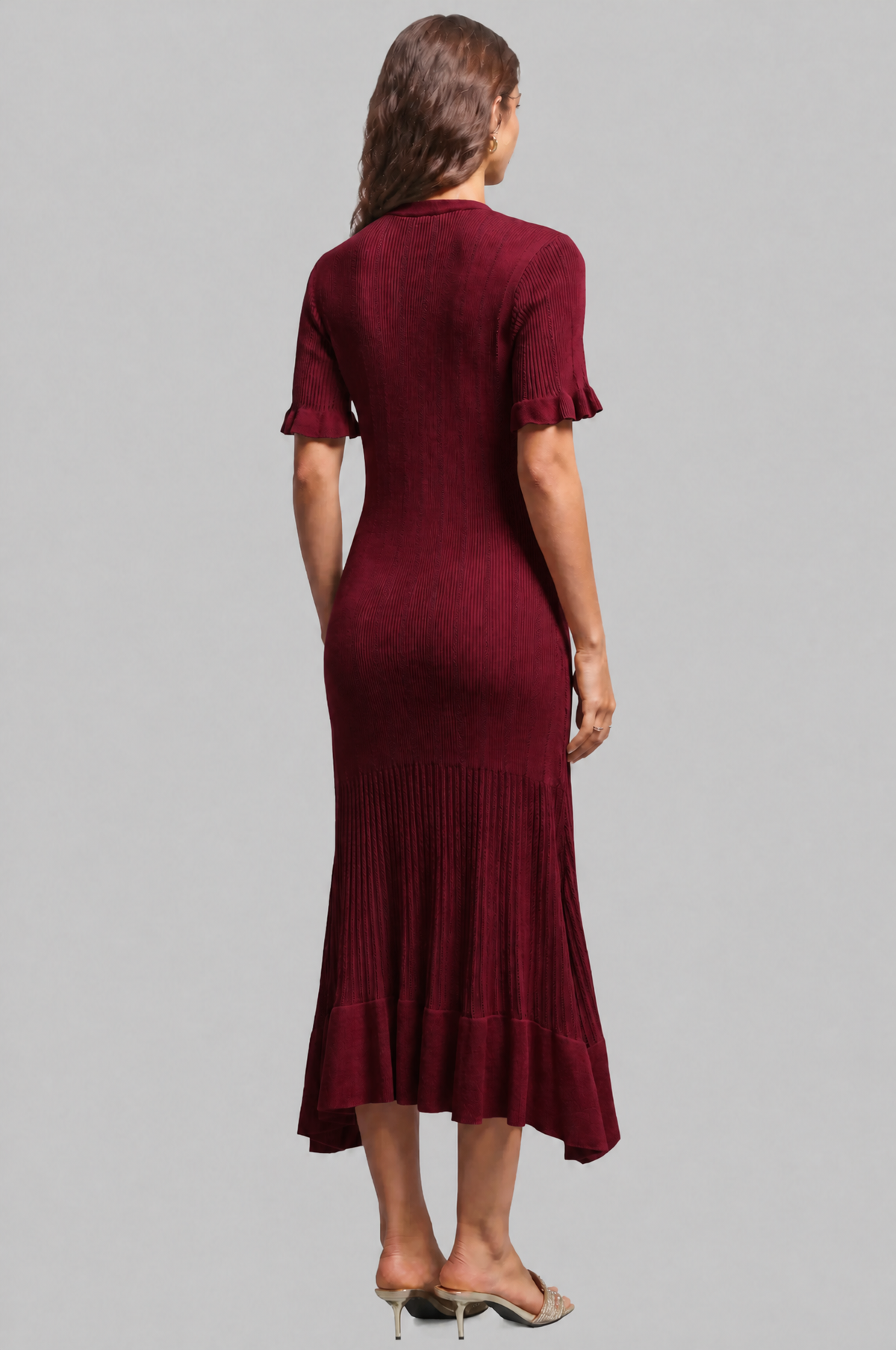 Ribbed Knit Midi Dress with Gold Buttons Audrey Calvero