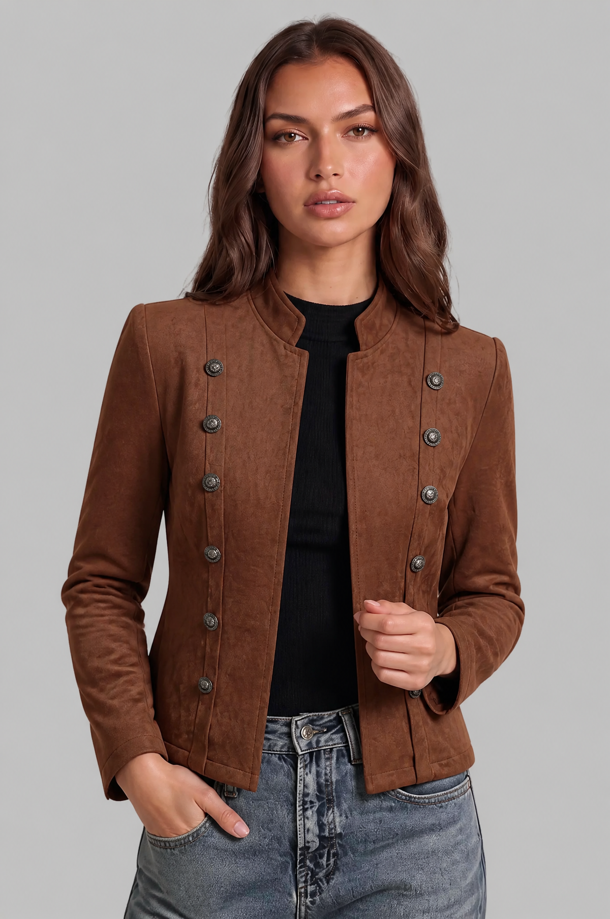Military Button Suede Jacket Audrey Calvero