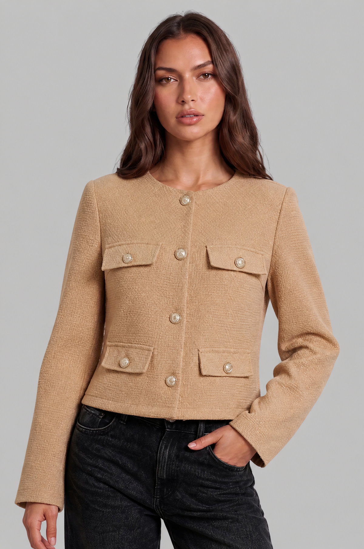 Collarless Cropped Jacket Audrey Calvero