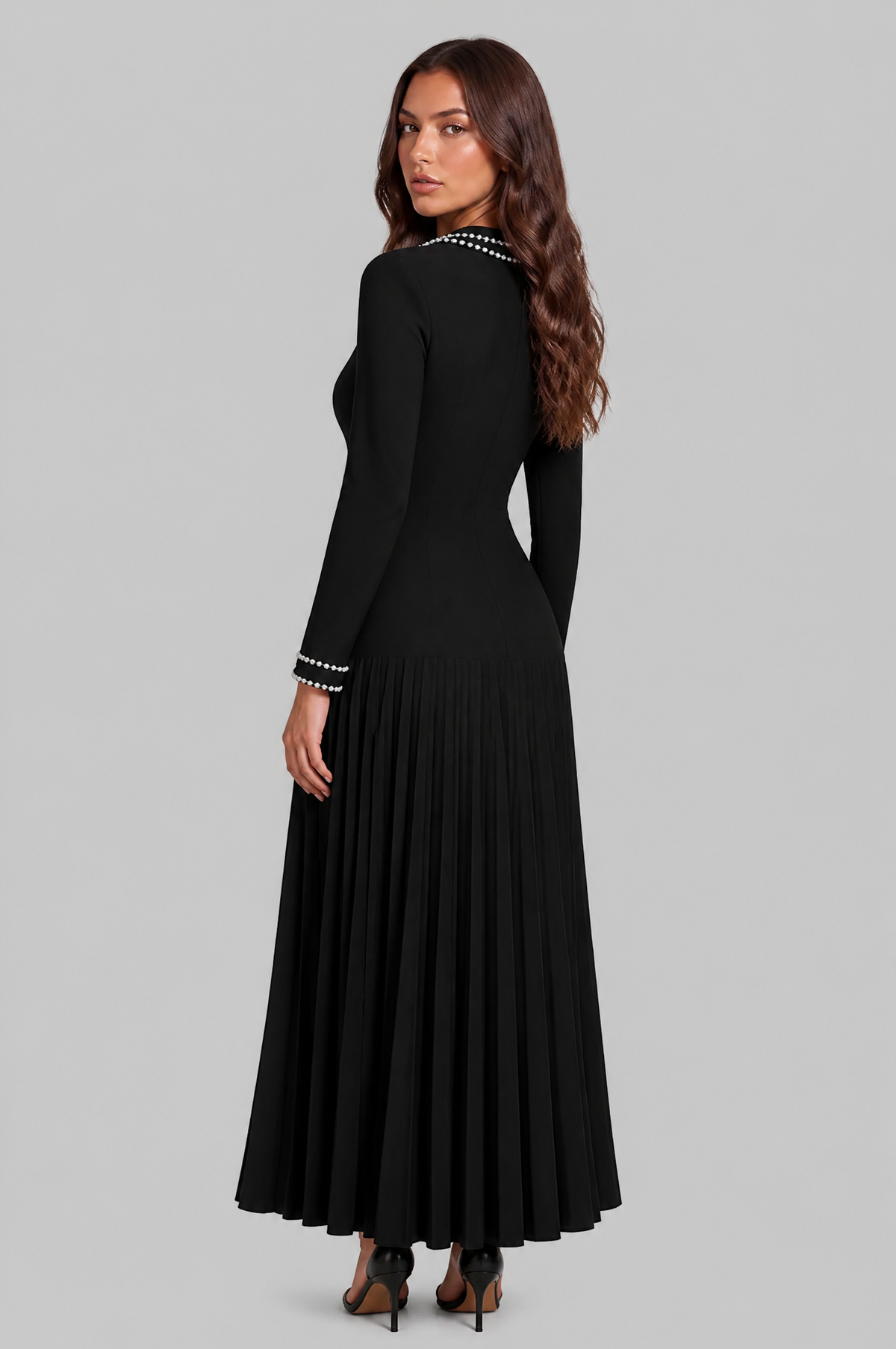 Pearl Trim Pleated Maxi Dress Audrey Calvero