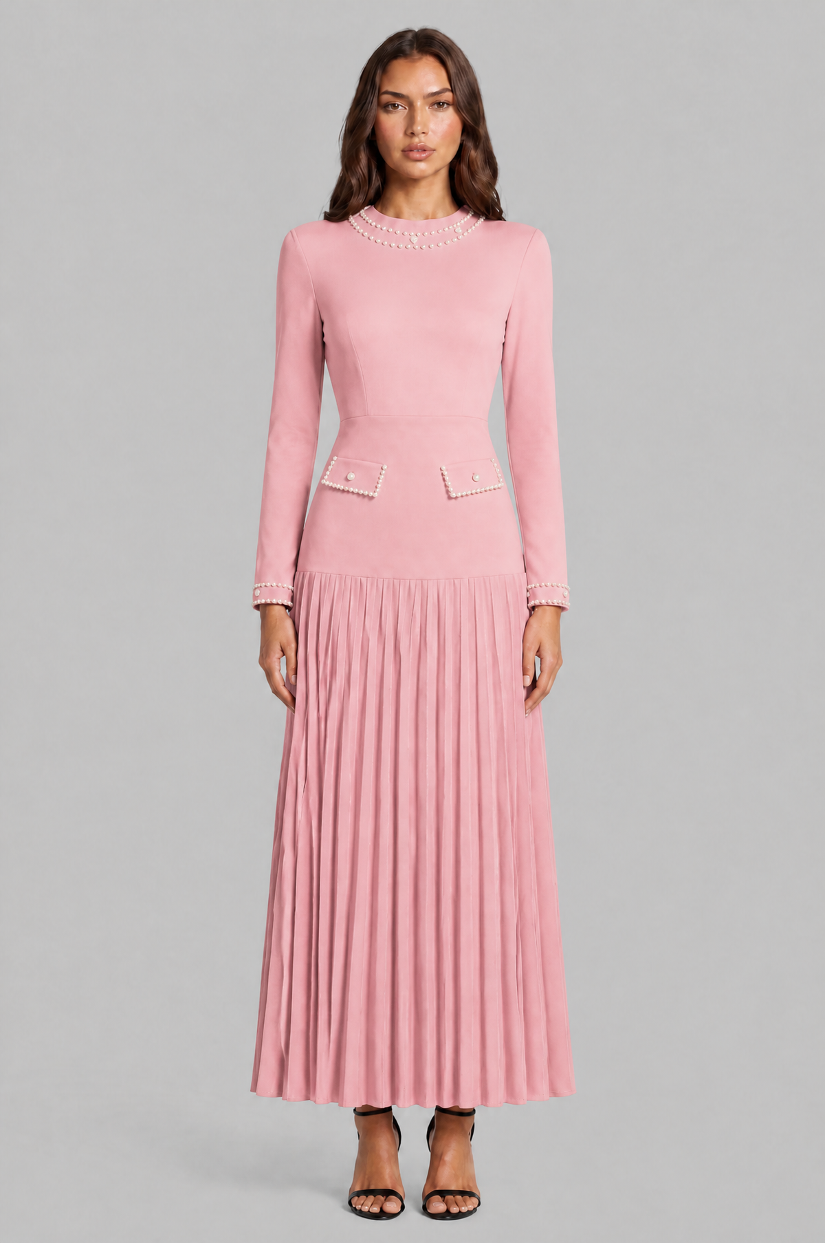 Pearl Trim Pleated Maxi Dress Audrey Calvero