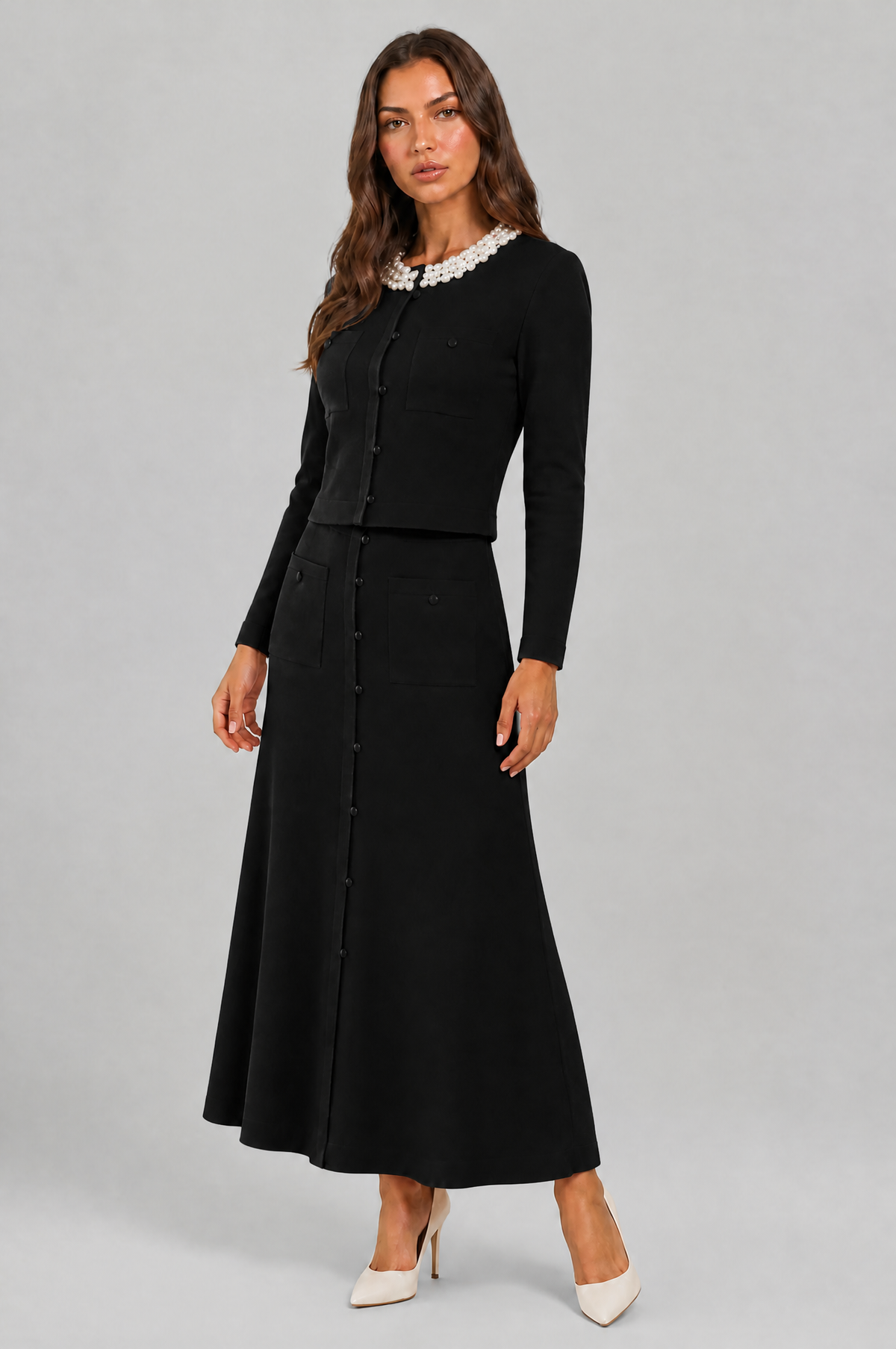 Pearl Collar Midi Co Ord Set Audrey Calvero