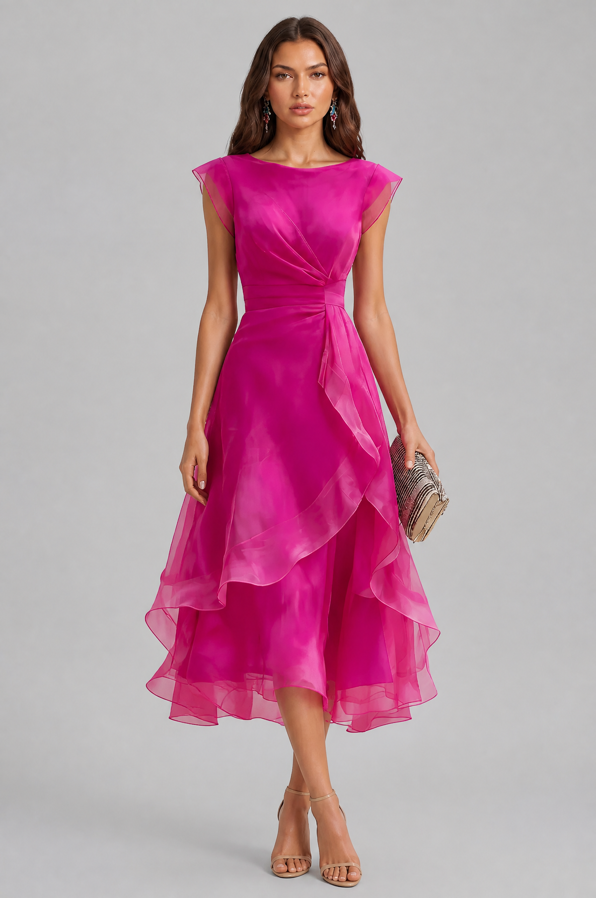 Layered Ruffle Wedding Guest Dress Women Midi Audrey Calvero