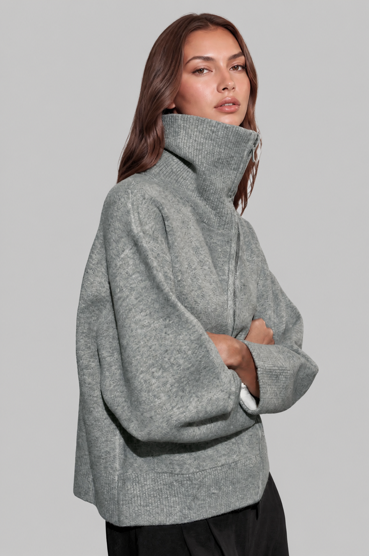 Zip Up Collared Knit Cardigan Women Audrey Calvero