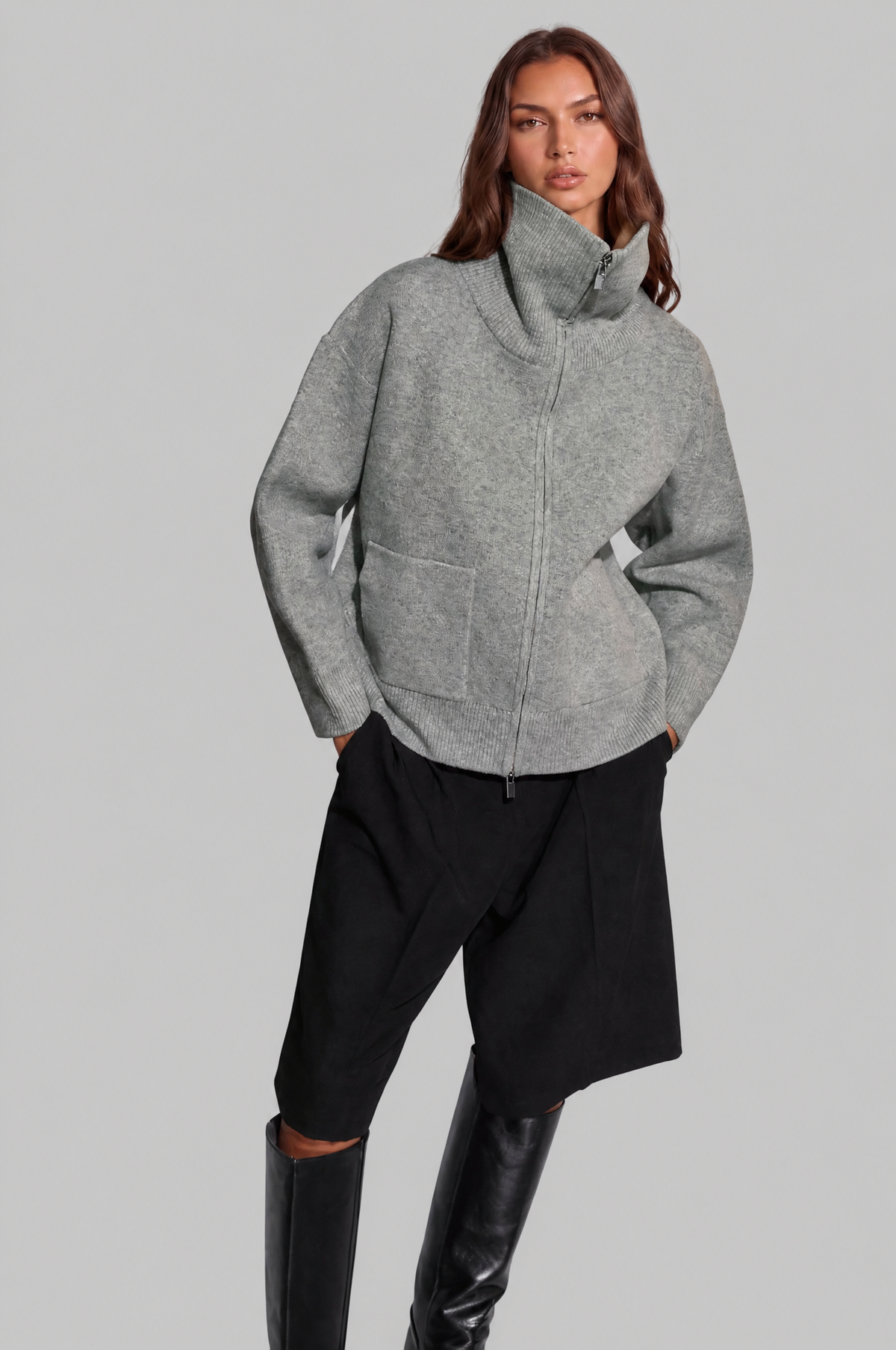 Zip Up Collared Knit Cardigan Women Audrey Calvero