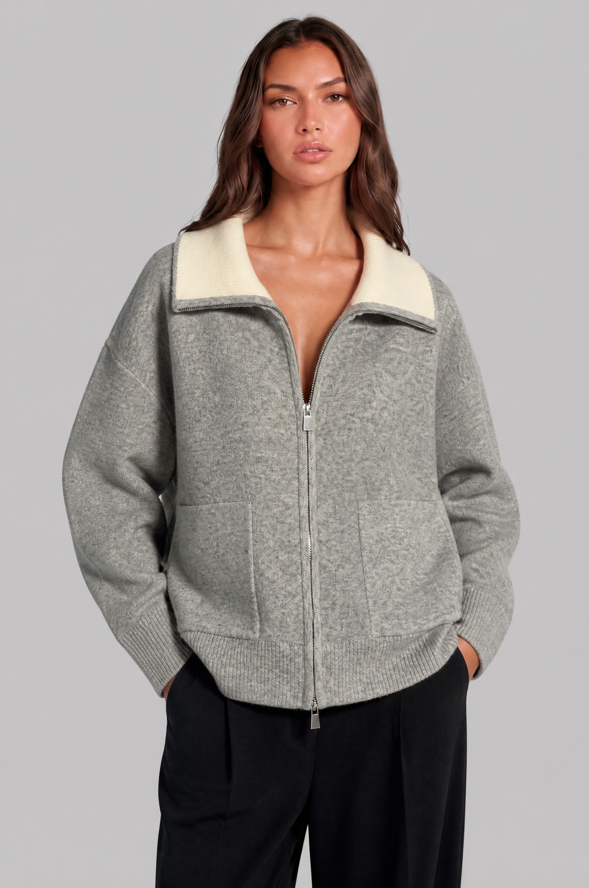 Zip Up Collared Knit Cardigan Women Audrey Calvero