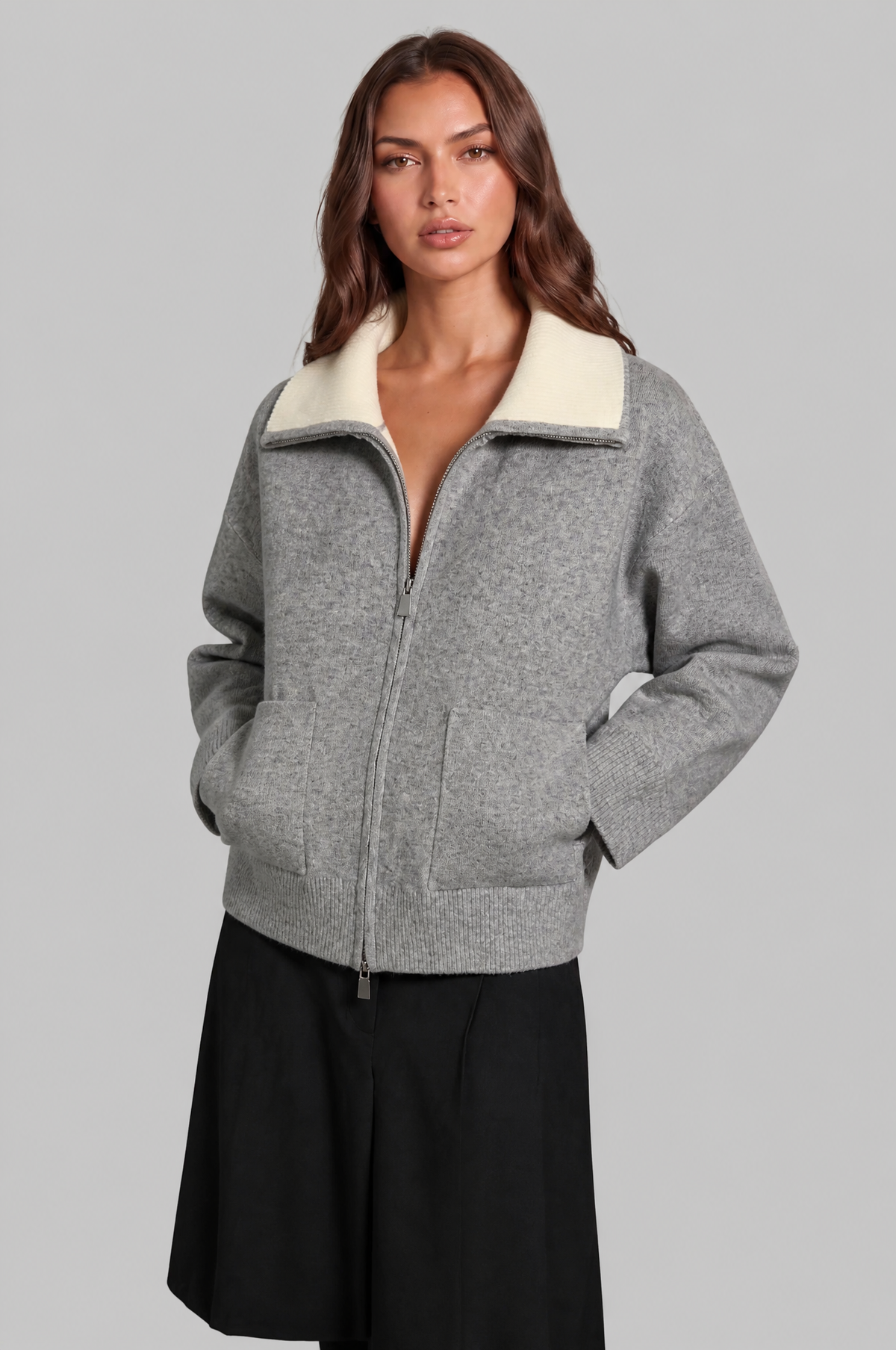 Zip Up Collared Knit Cardigan Women Audrey Calvero