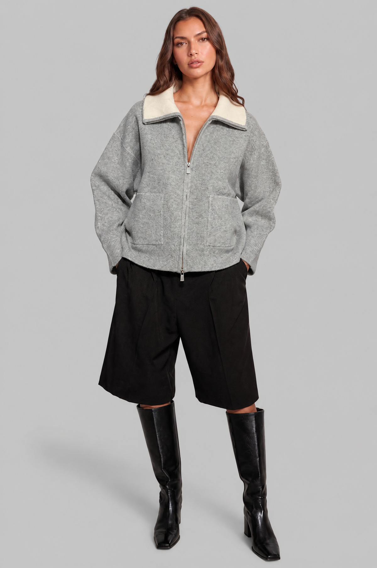 Zip Up Collared Knit Cardigan Women Audrey Calvero
