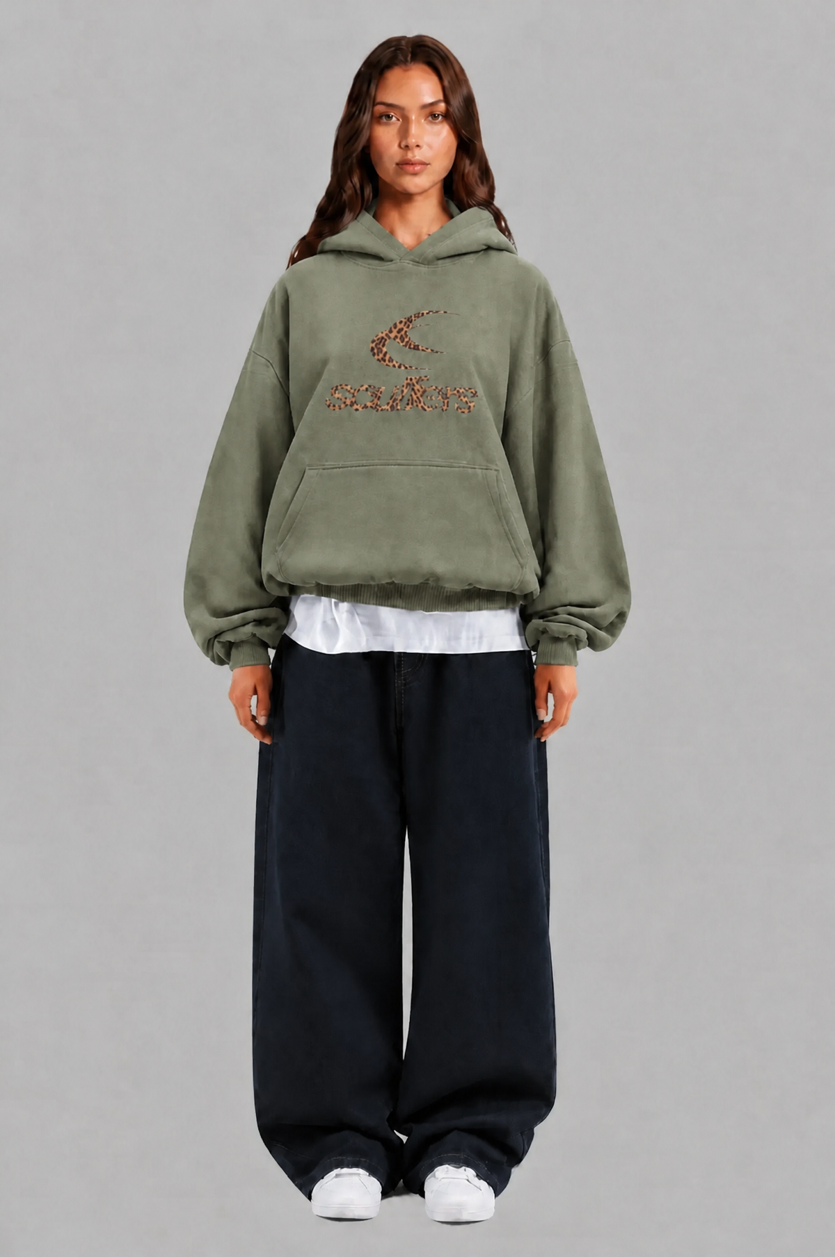 Oversized Leopard Print Logo Pullover Hoodie Audrey Calvero