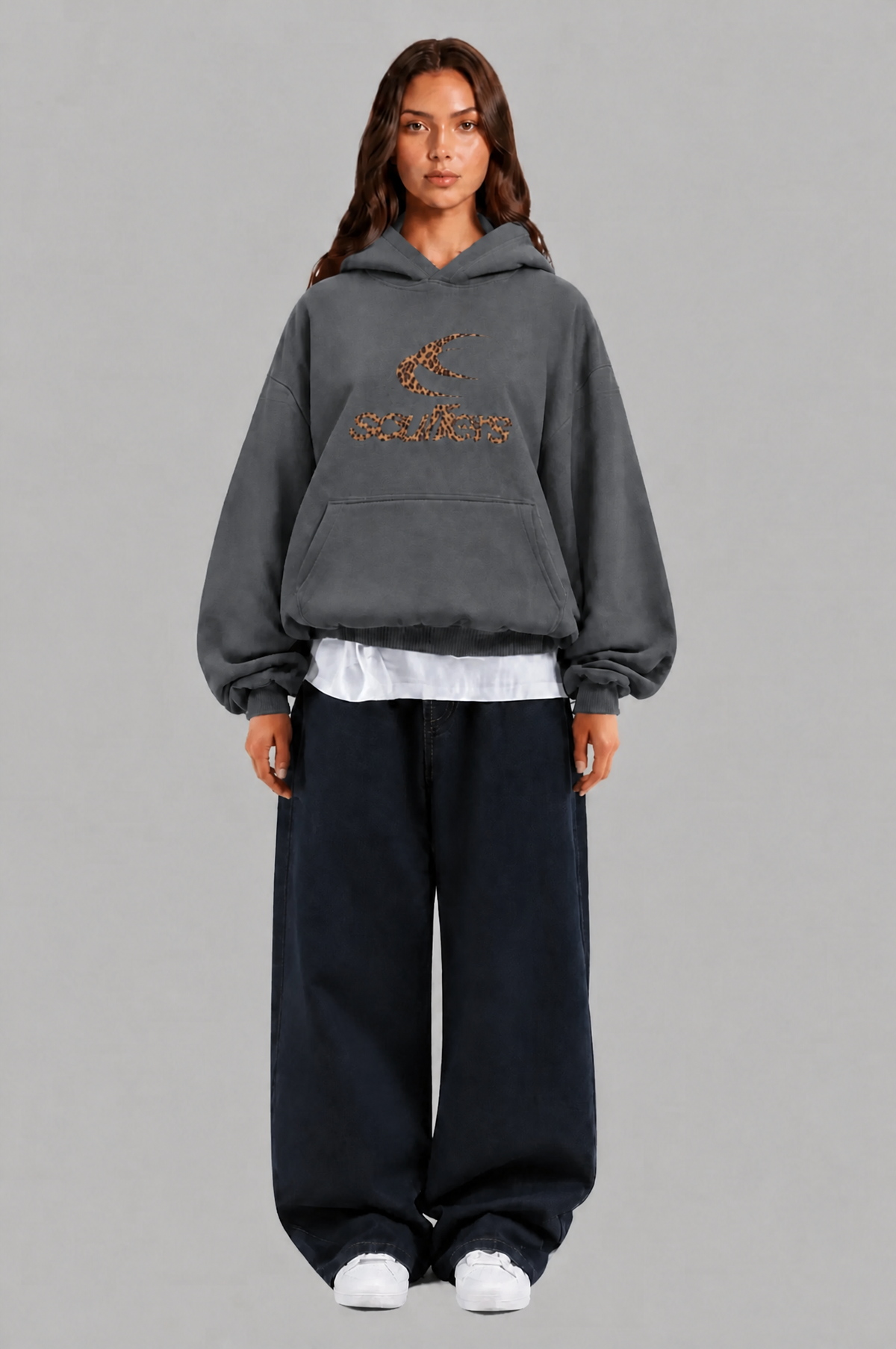 Oversized Leopard Print Logo Pullover Hoodie Audrey Calvero