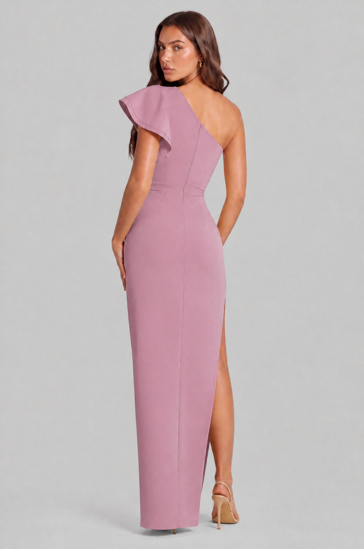 One Shoulder Ruffle Split Maxi Dress Audrey Calvero
