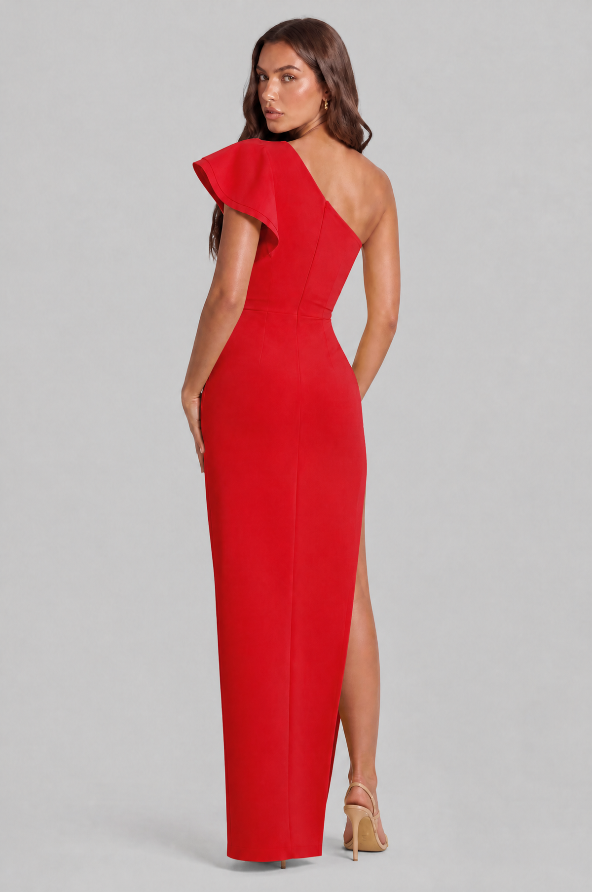 One Shoulder Ruffle Split Maxi Dress Audrey Calvero