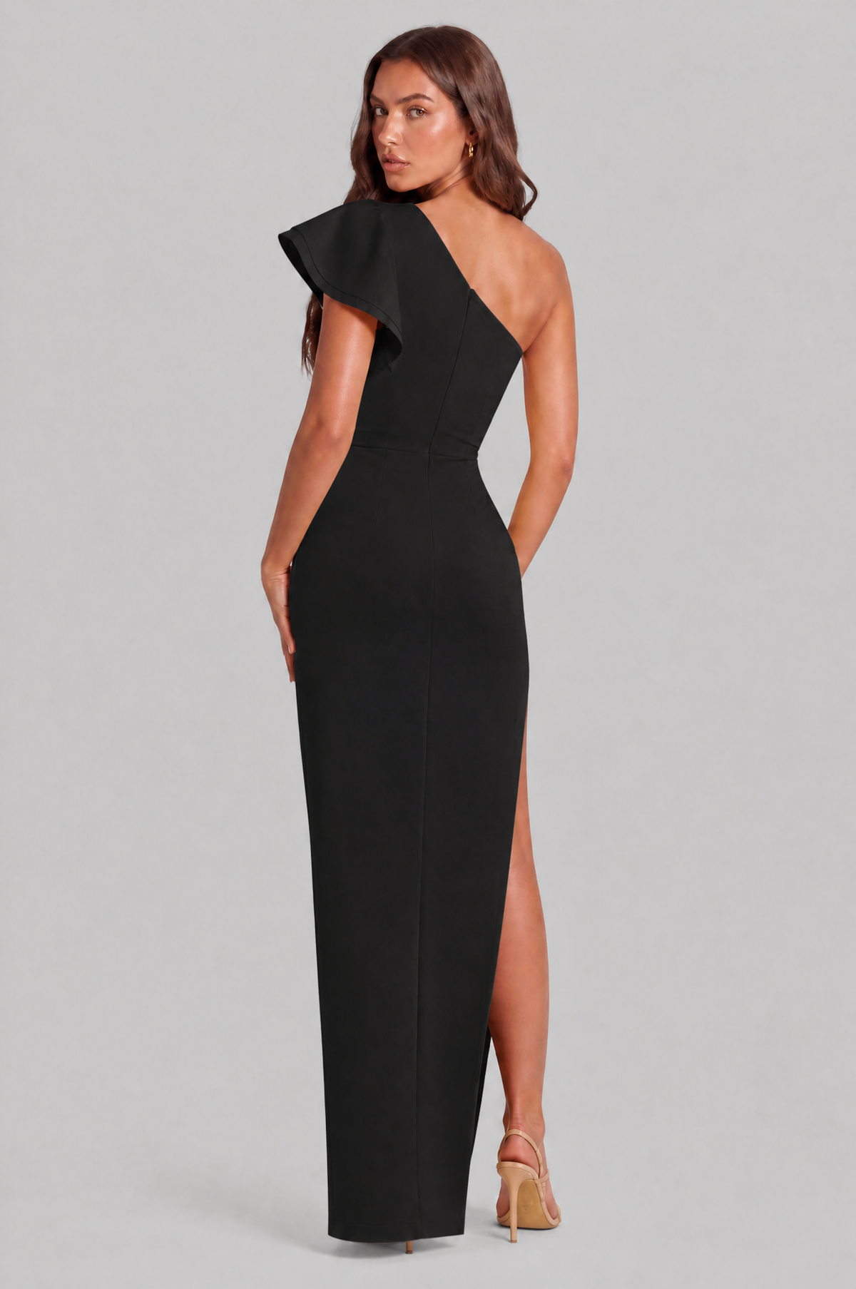 One Shoulder Ruffle Split Maxi Dress Audrey Calvero