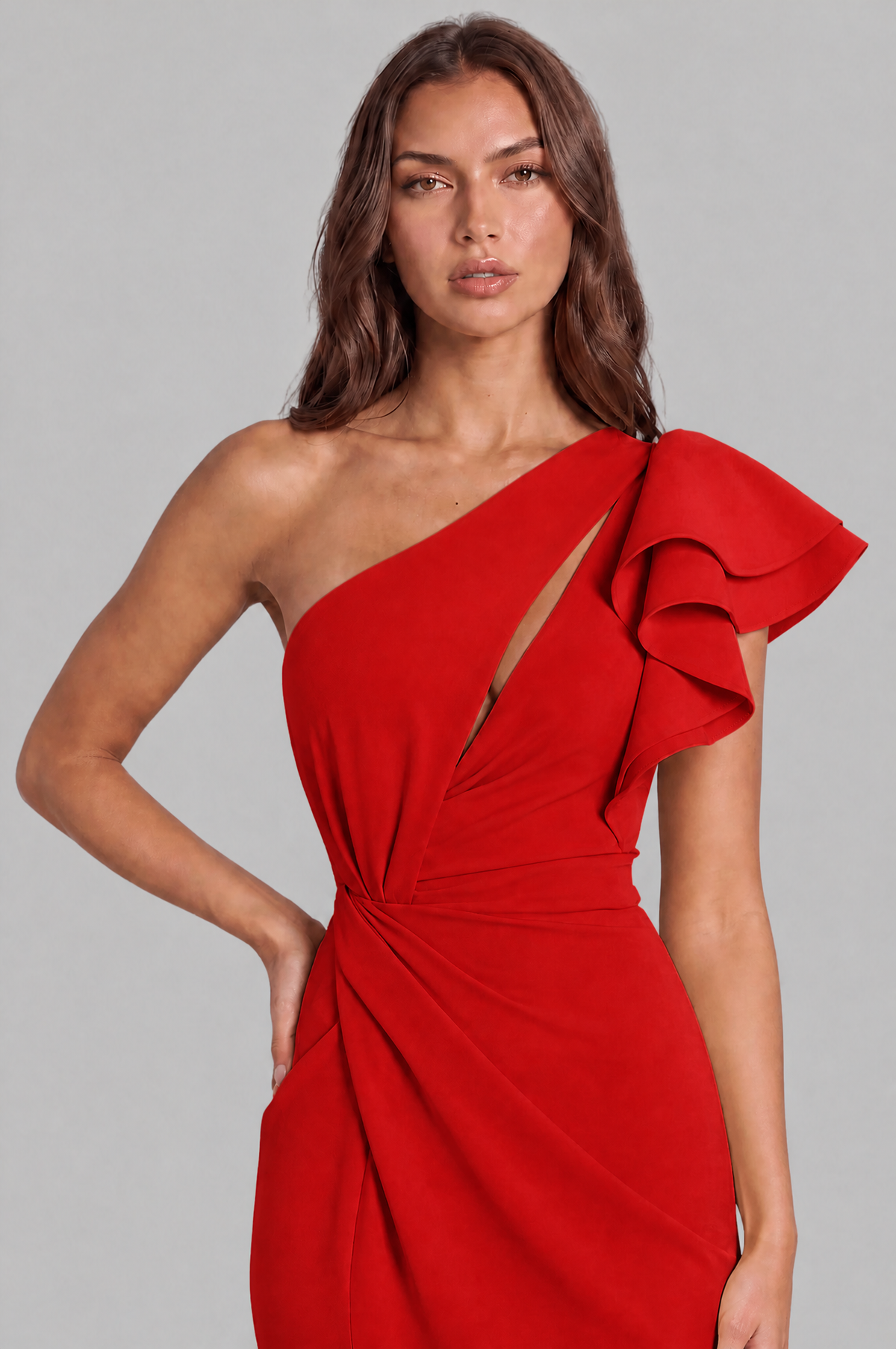 One Shoulder Ruffle Split Maxi Dress Audrey Calvero