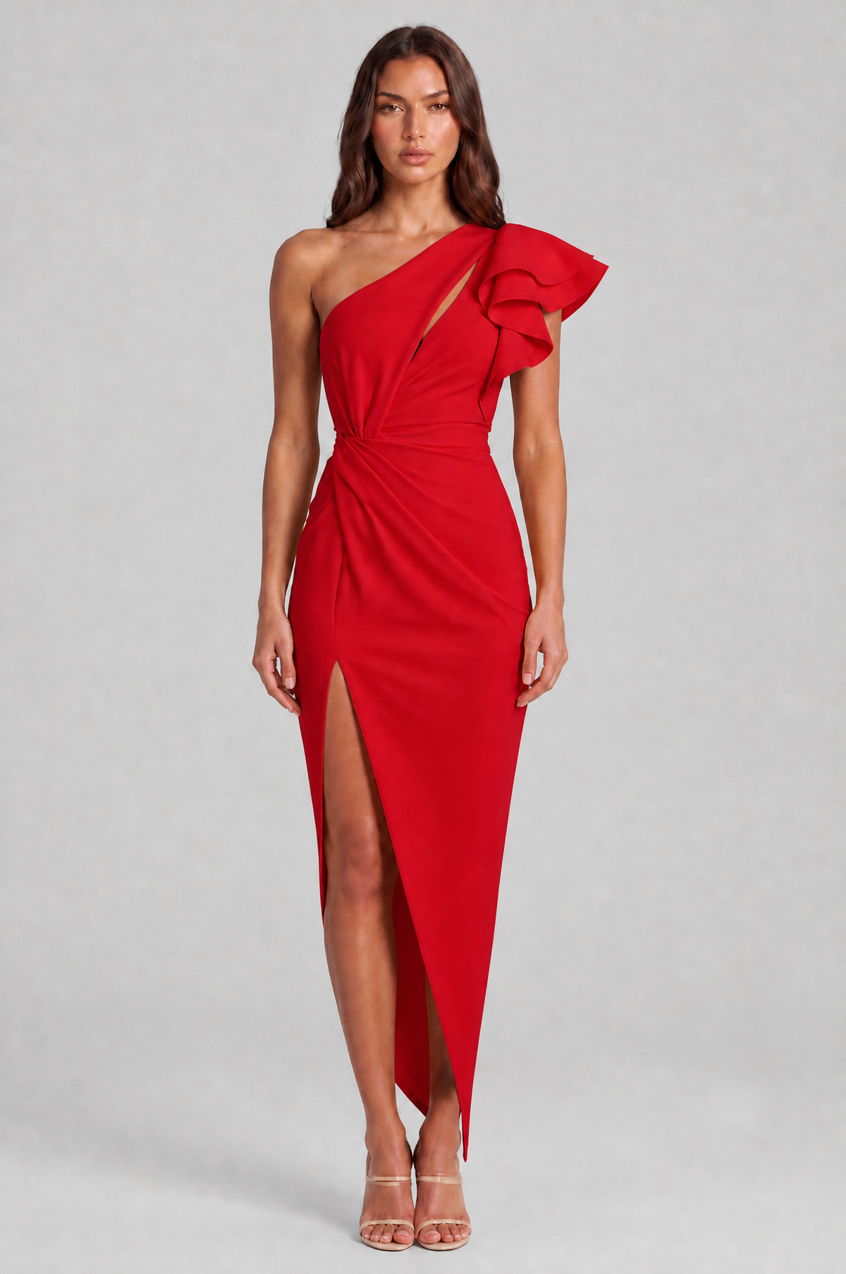 One Shoulder Ruffle Split Maxi Dress Audrey Calvero