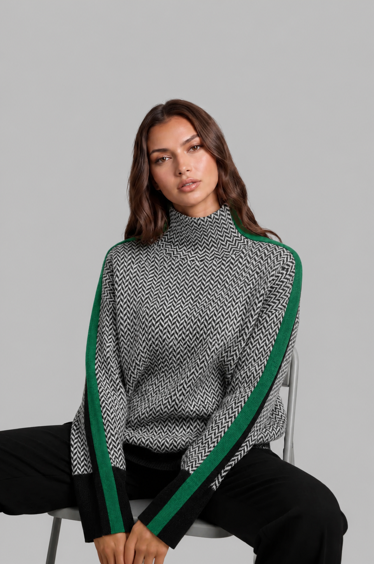 Herringbone Funnel Neck Jumper with Stripe Sleeves Audrey Calvero
