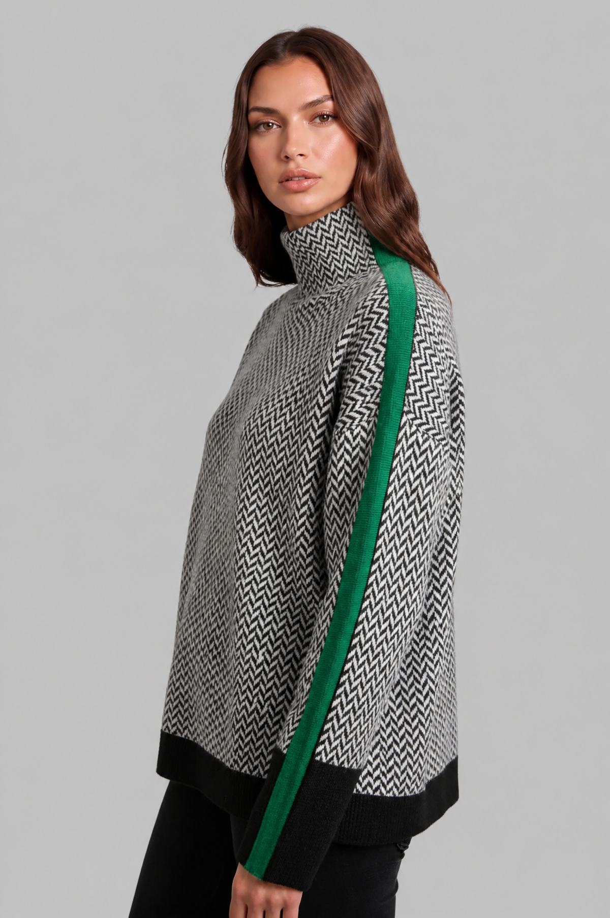 Herringbone Funnel Neck Jumper with Stripe Sleeves Audrey Calvero