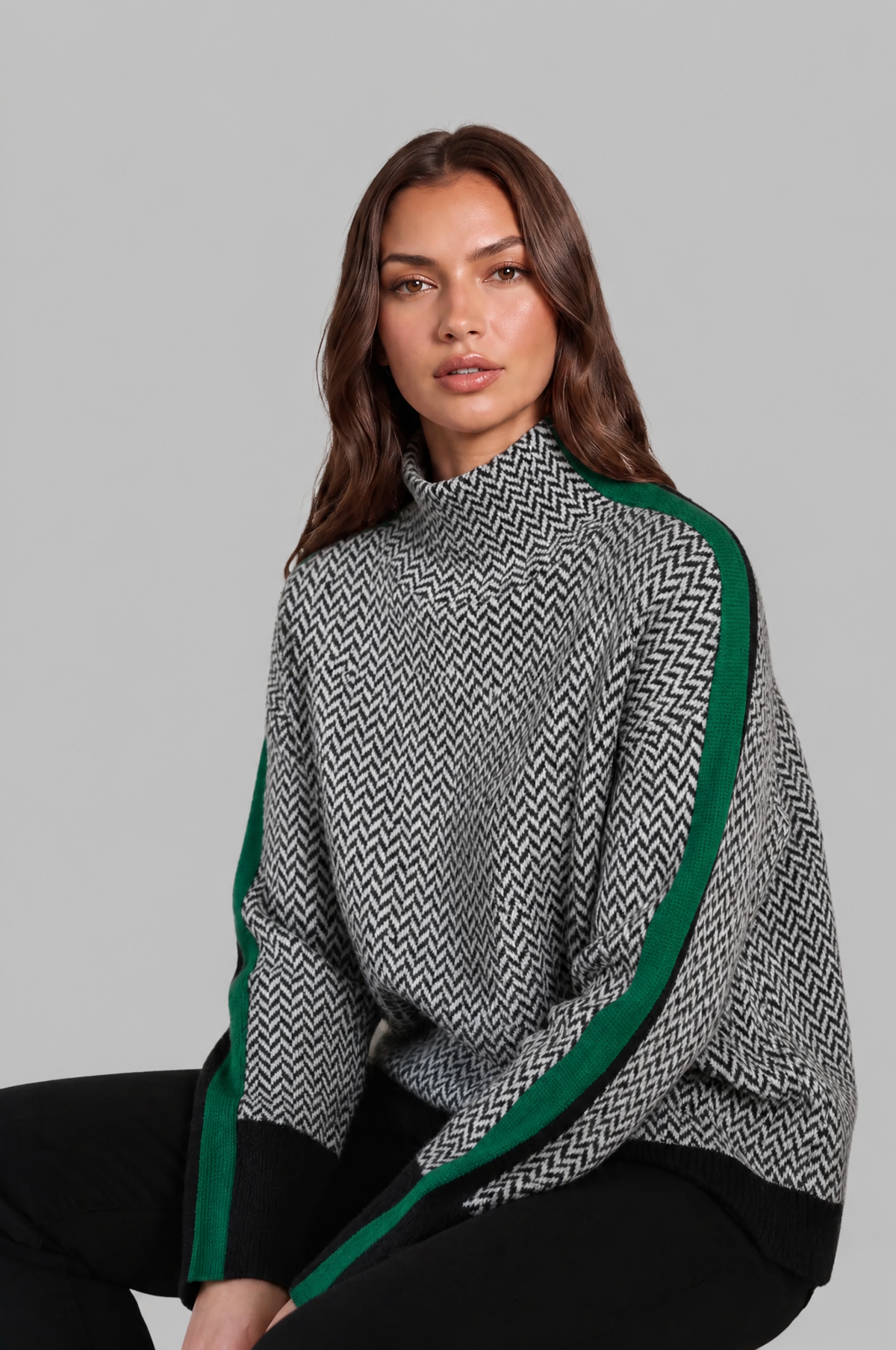 Herringbone Funnel Neck Jumper with Stripe Sleeves Audrey Calvero