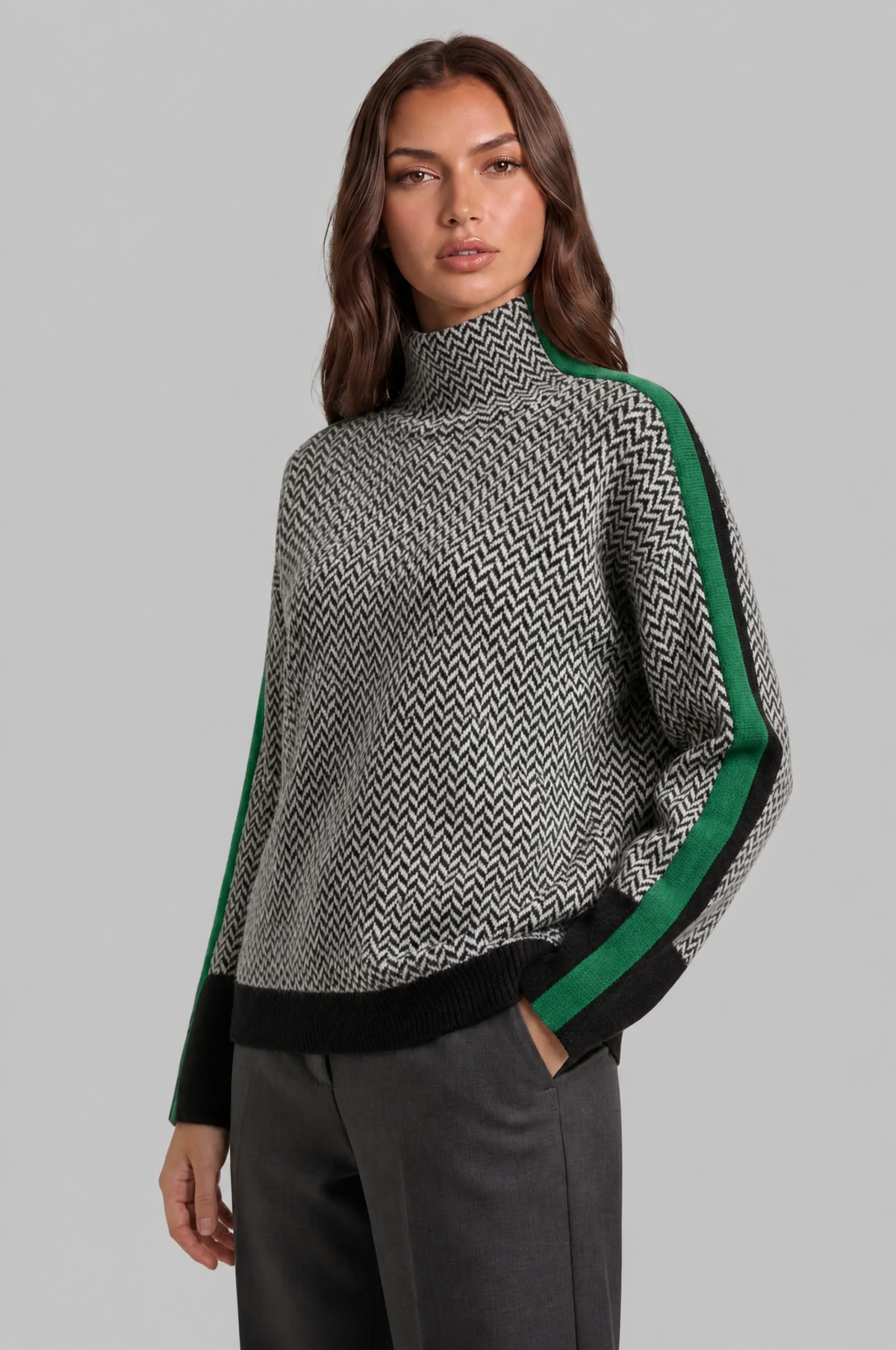 Herringbone Funnel Neck Jumper with Stripe Sleeves Audrey Calvero