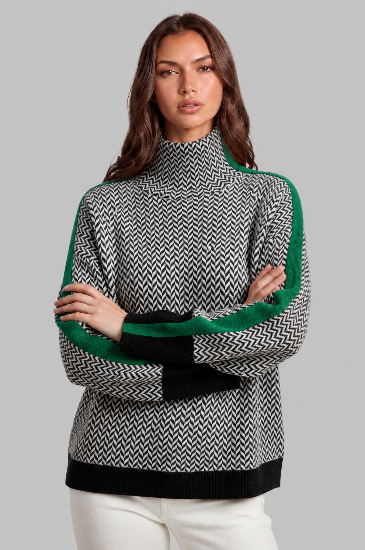 Herringbone Funnel Neck Jumper with Stripe Sleeves Audrey Calvero