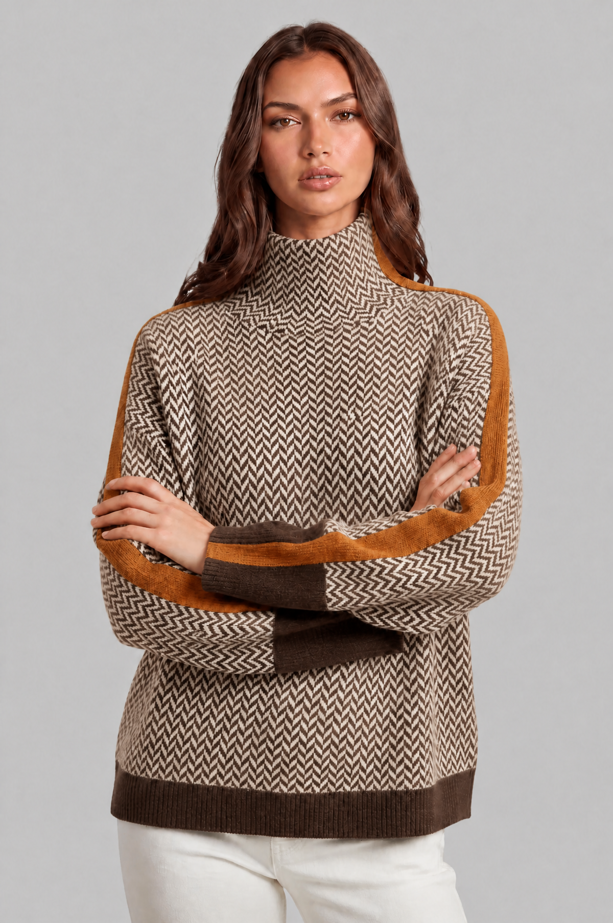 Herringbone Funnel Neck Jumper with Stripe Sleeves Audrey Calvero