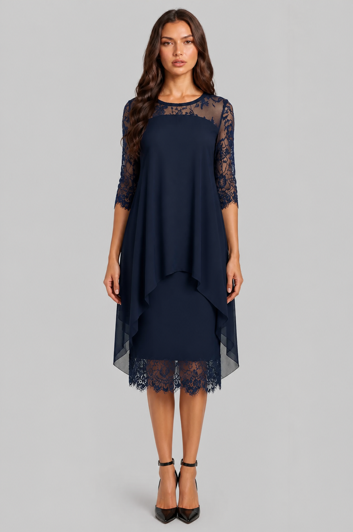 Lace Midi Dress with Chiffon Overlay Audrey Calvero
