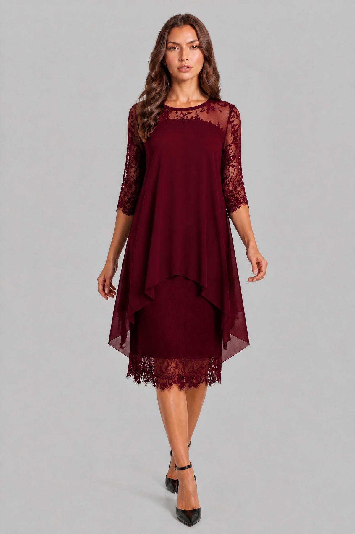 Lace Midi Dress with Chiffon Overlay Audrey Calvero