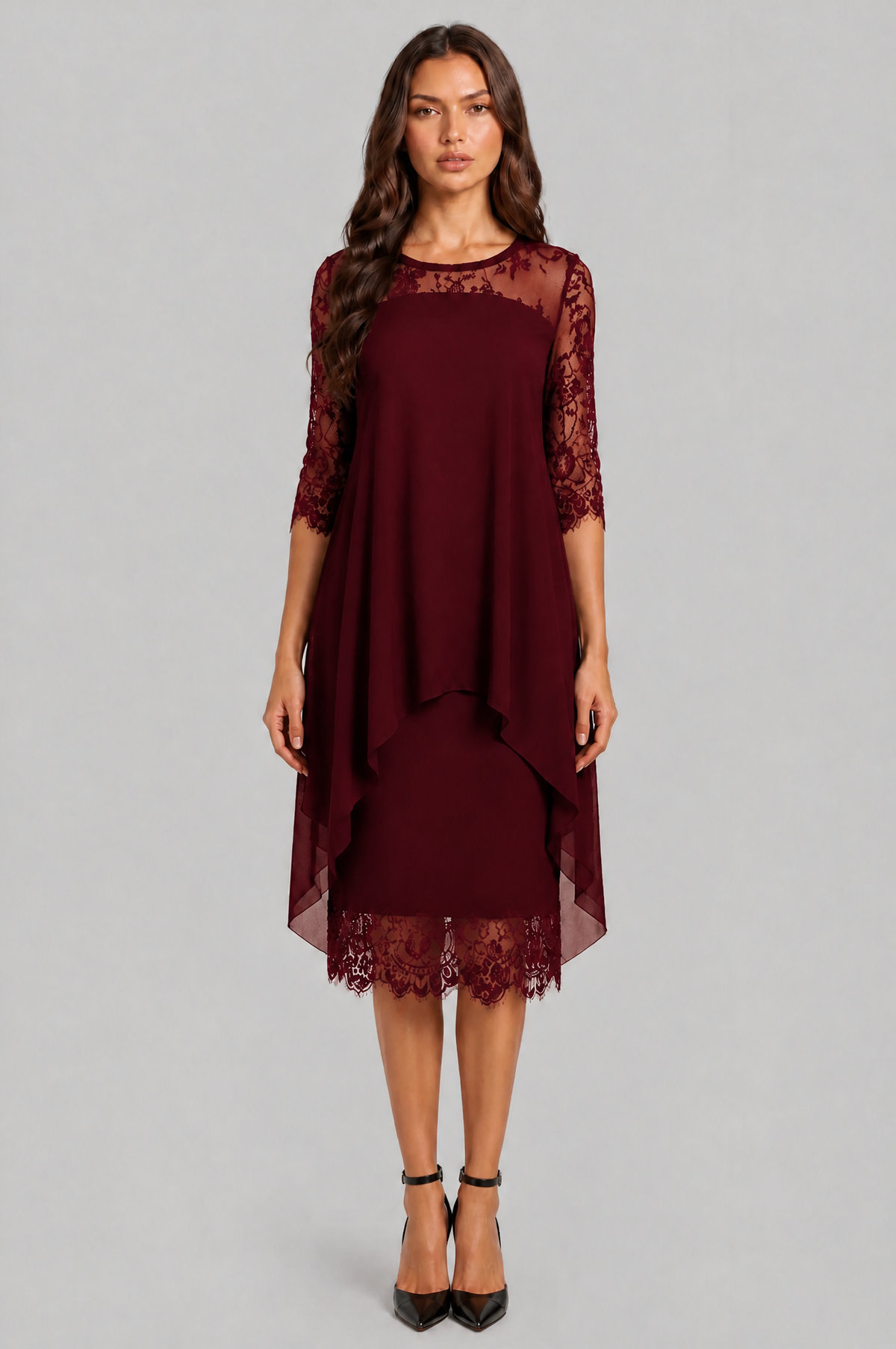 Lace Midi Dress with Chiffon Overlay Audrey Calvero