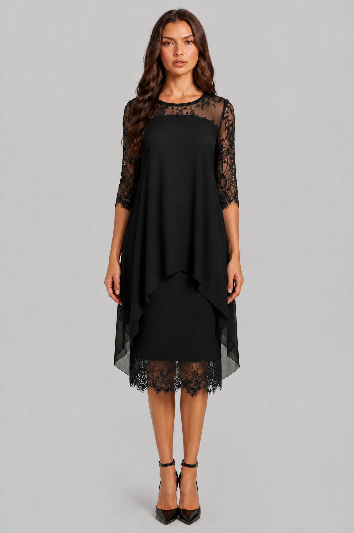 Lace Midi Dress with Chiffon Overlay Audrey Calvero