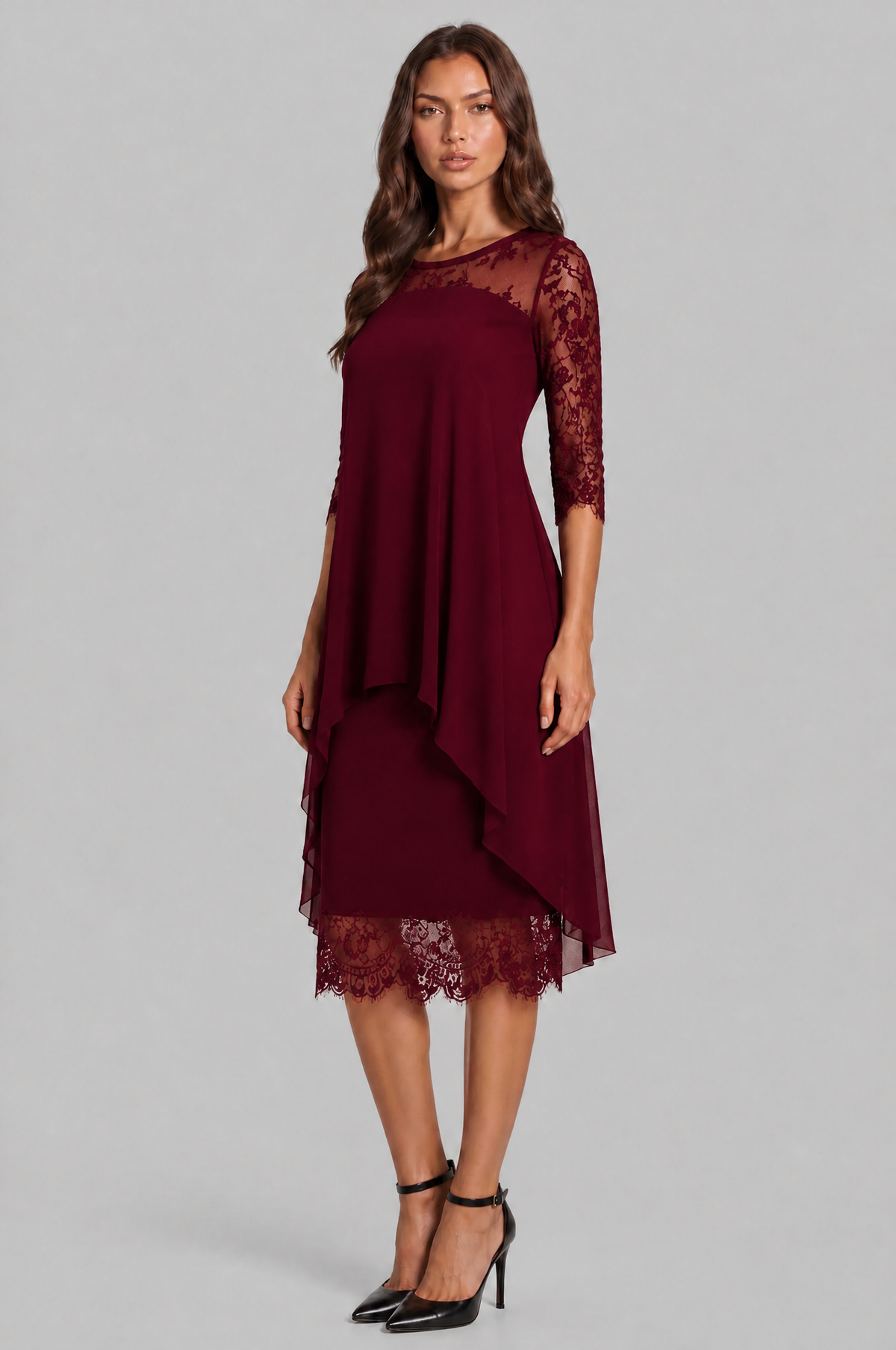 Lace Midi Dress with Chiffon Overlay Audrey Calvero
