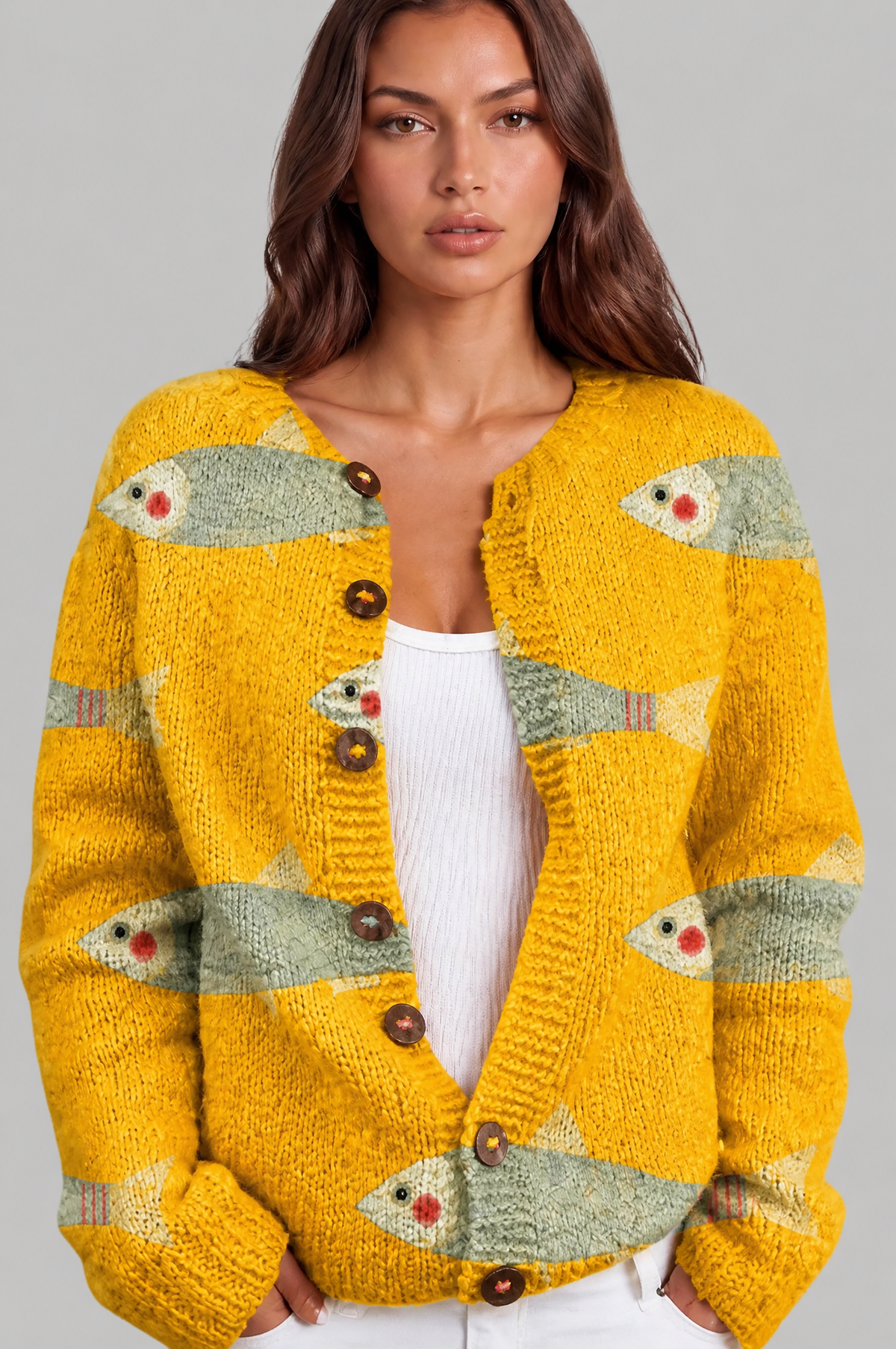 Chunky Knit Cardigan with Fish Pattern Audrey Calvero