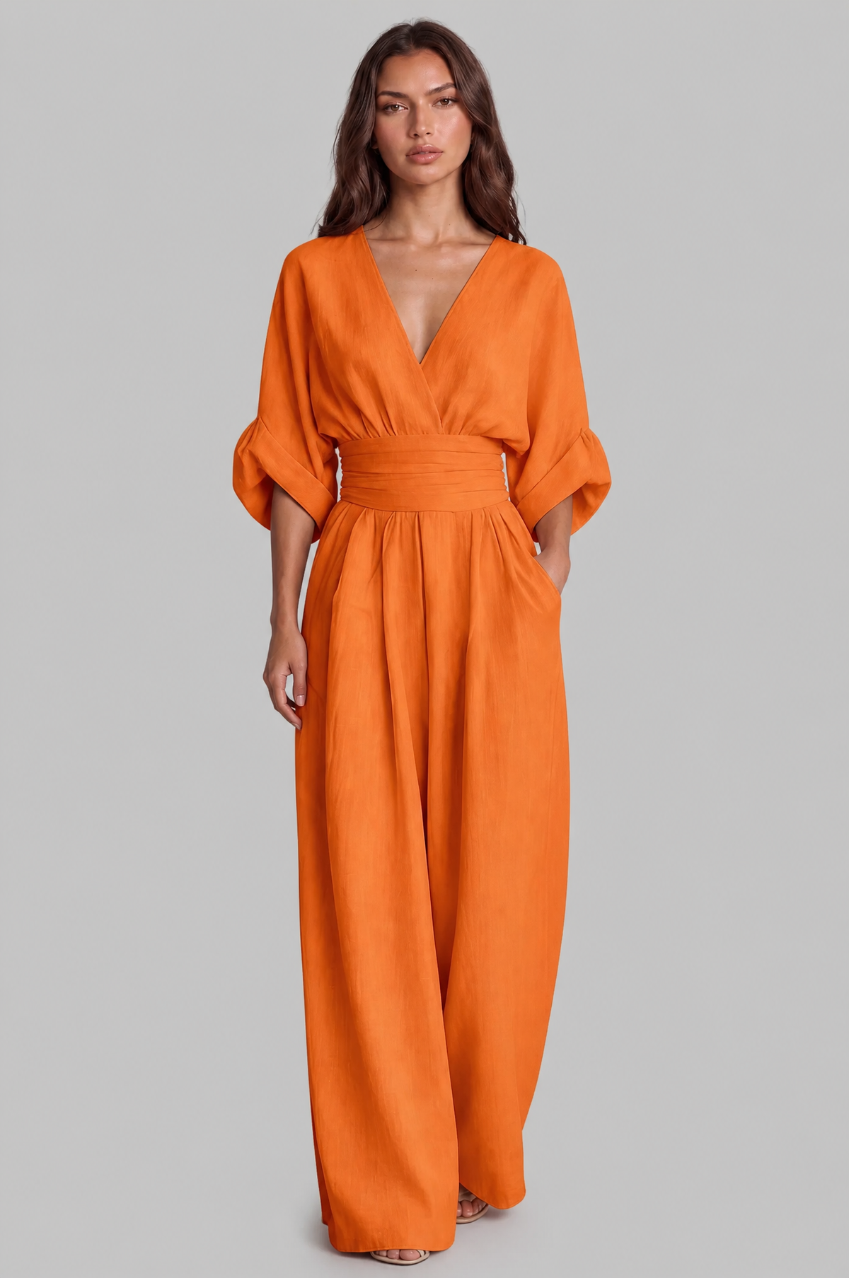 Wide Leg Wrap Jumpsuit with Pleated Waistband Noor Laurent