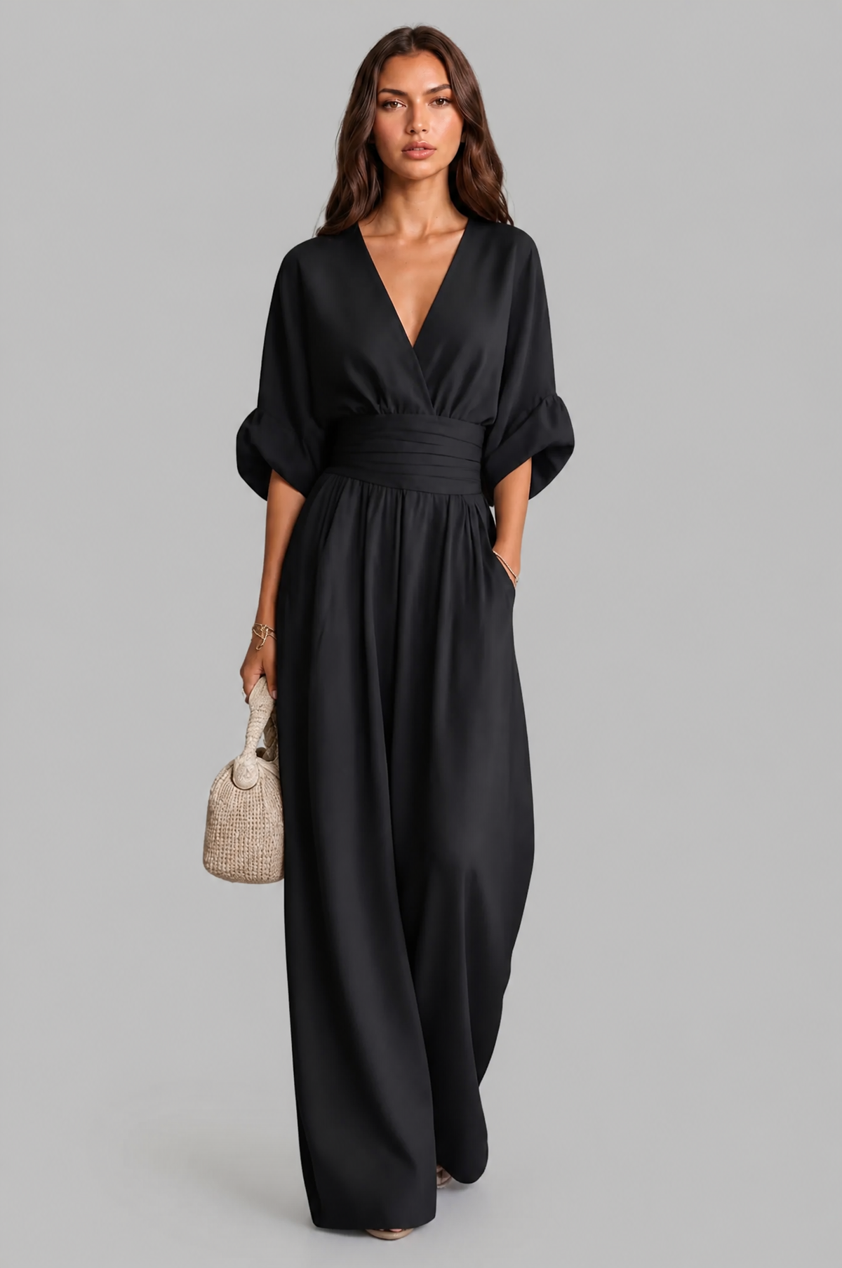 Wide Leg Wrap Jumpsuit with Pleated Waistband Noor Laurent