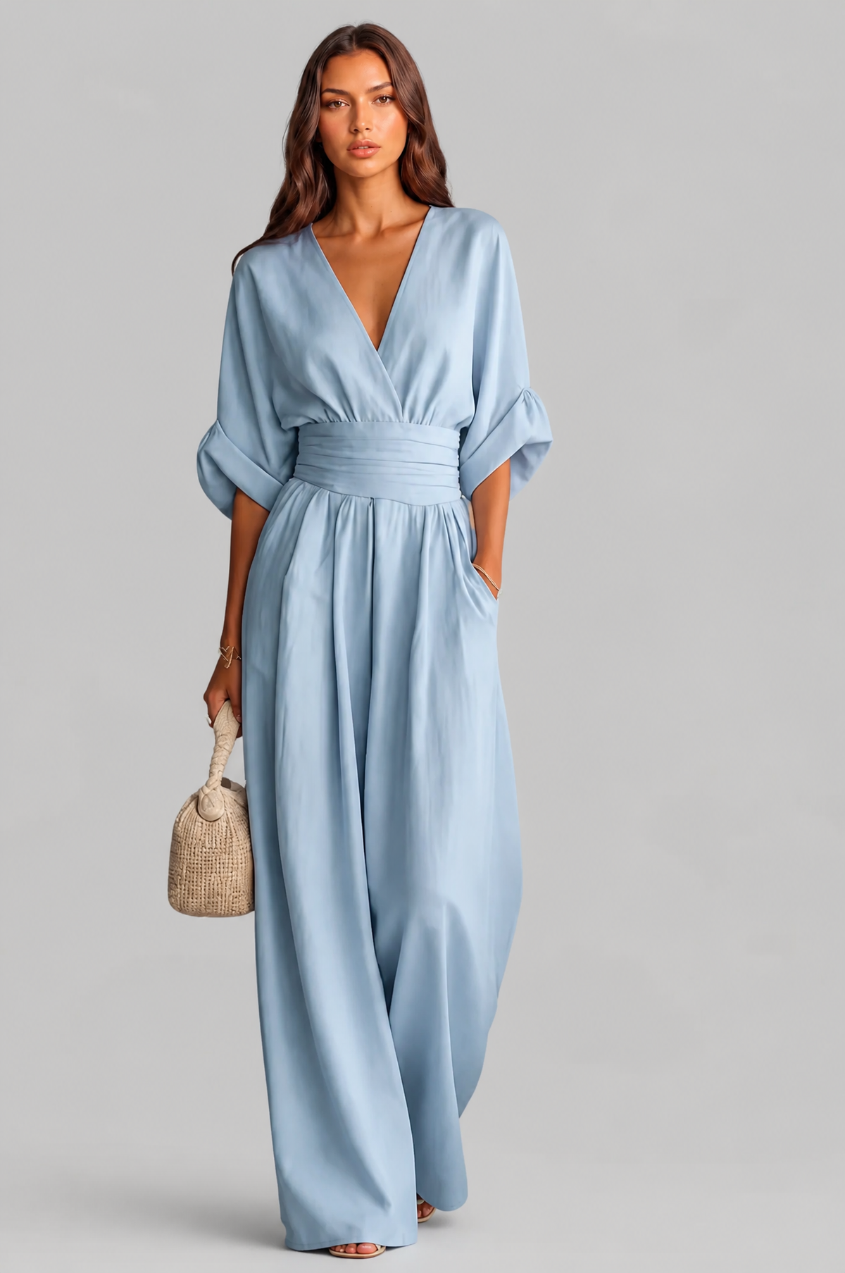 Wide Leg Wrap Jumpsuit with Pleated Waistband Noor Laurent