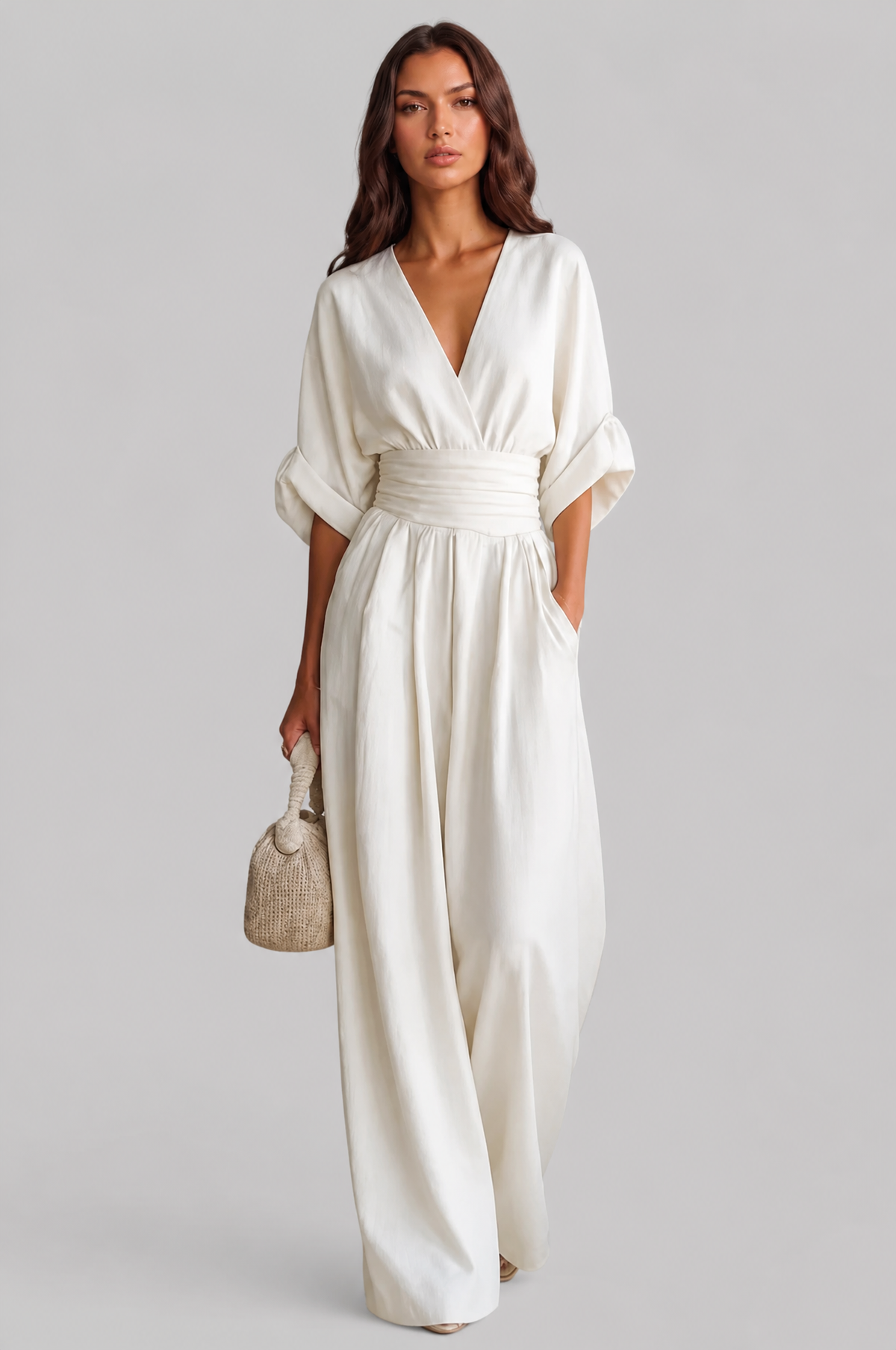 Wide Leg Wrap Jumpsuit with Pleated Waistband Noor Laurent
