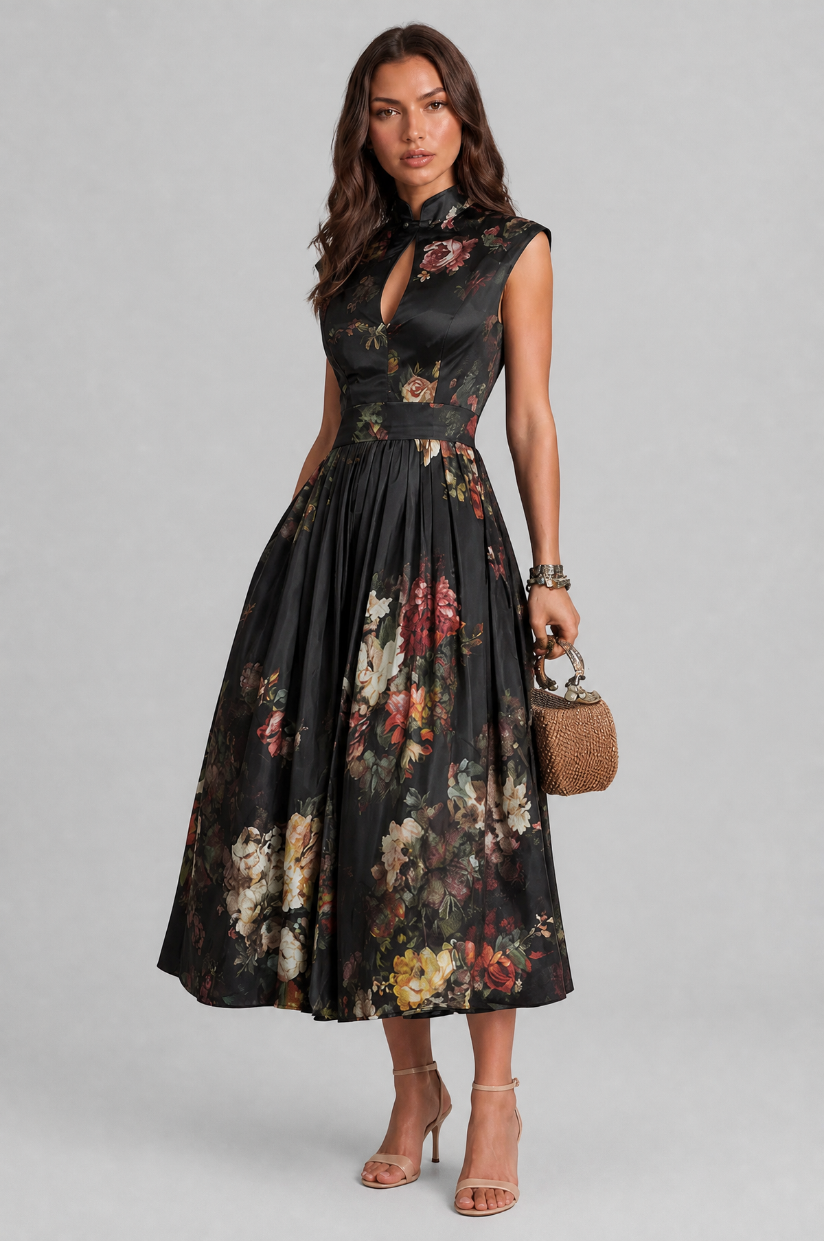 Floral Midi Dress with Keyhole Neckline Audrey Calvero