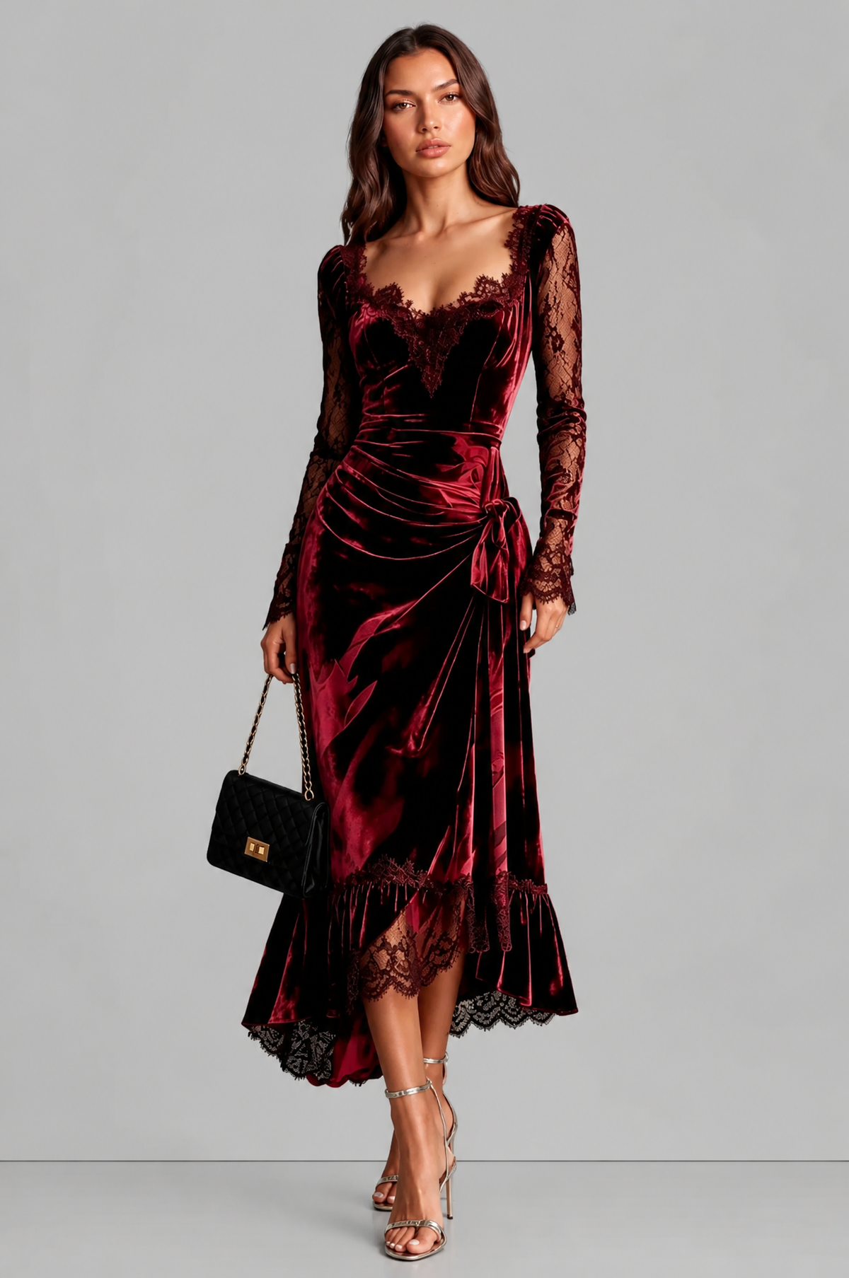 Velvet Midi Dress with Lace Sleeves Audrey Calvero