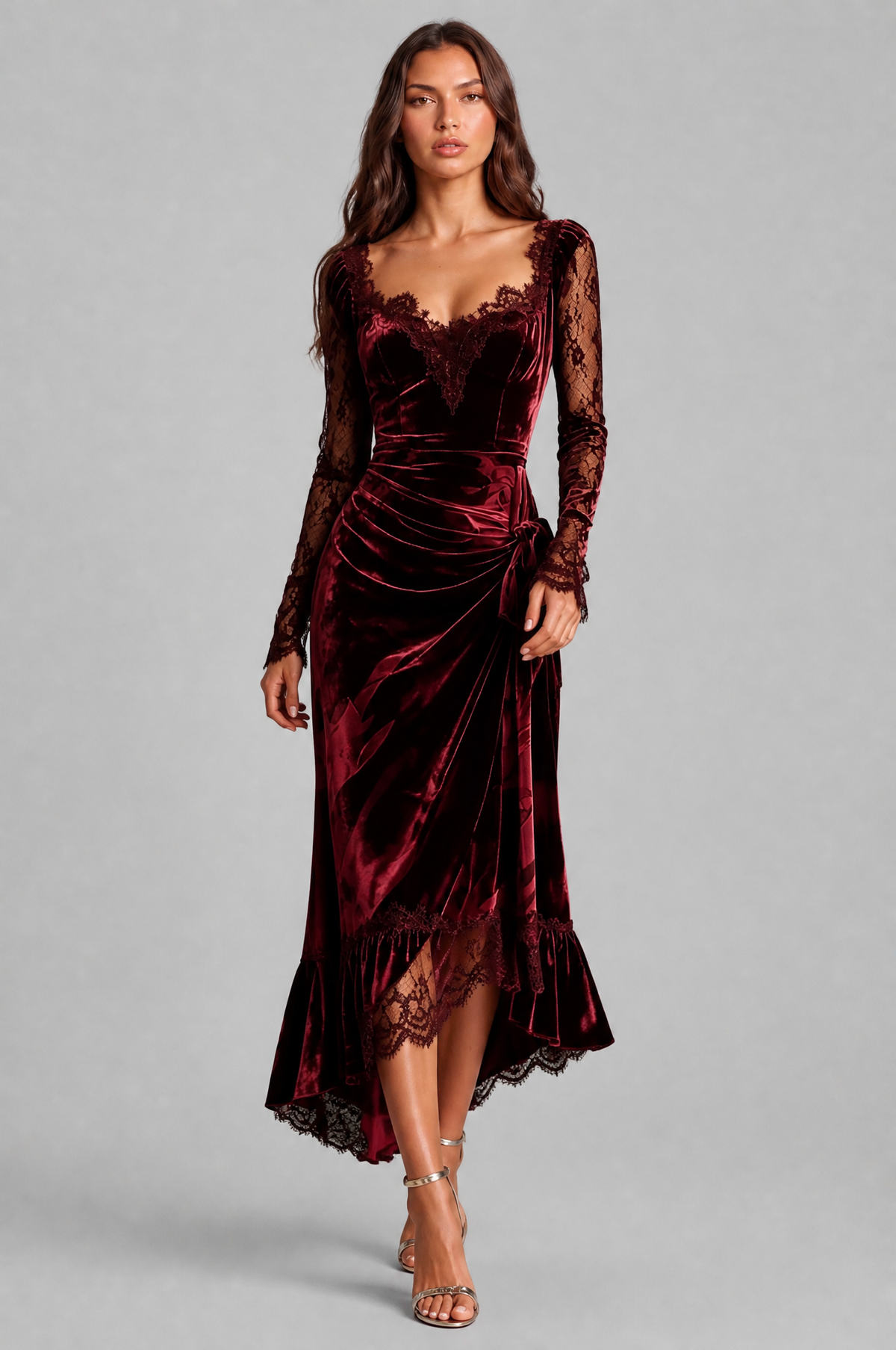 Velvet Midi Dress with Lace Sleeves Audrey Calvero