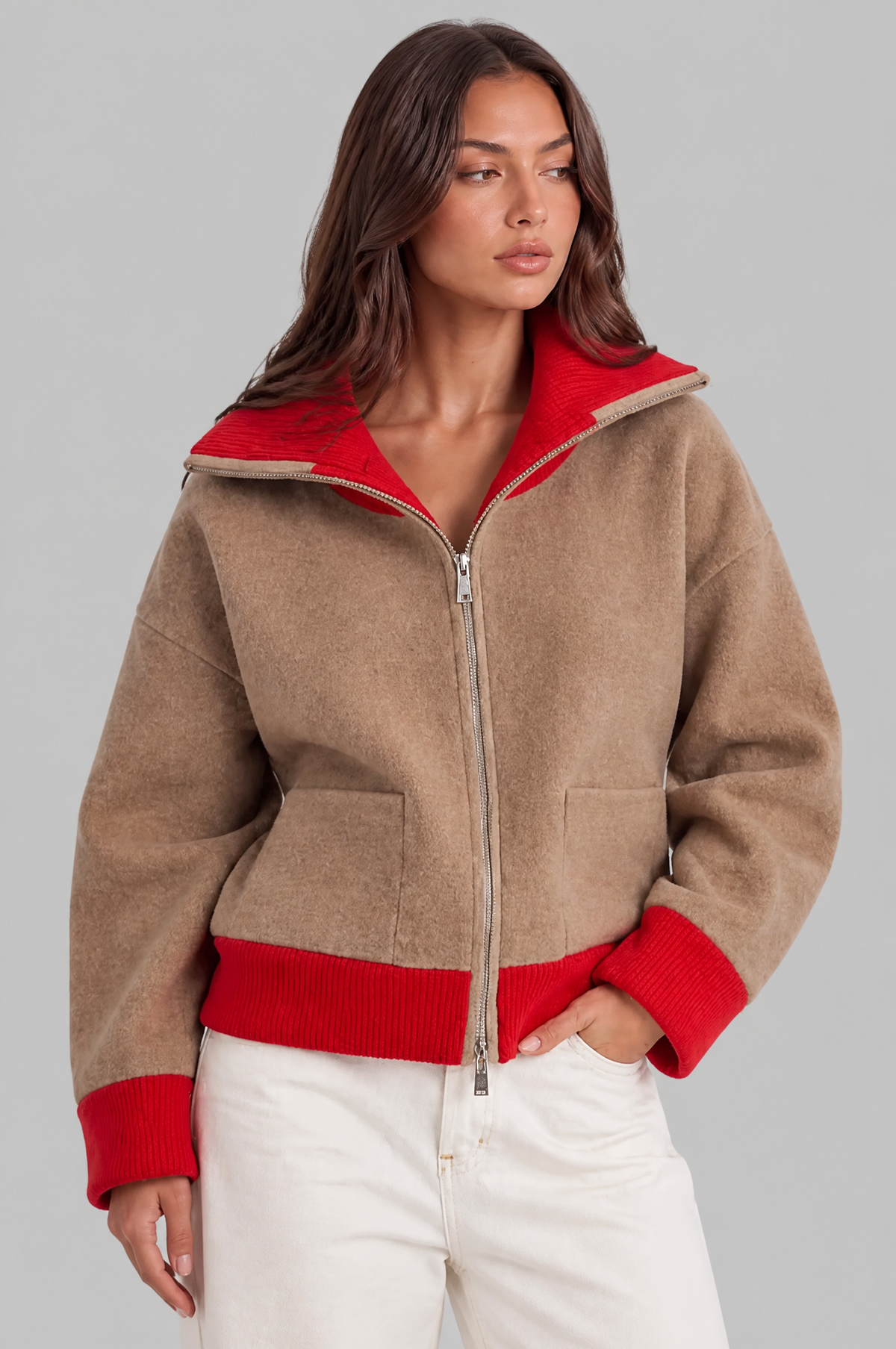 Cropped Zip Up Cardigan with Contrast Rib Trims Audrey Calvero