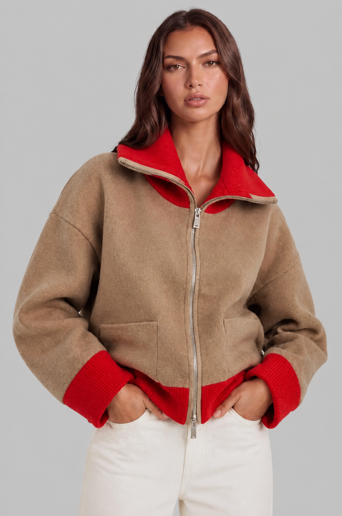 Cropped Zip Up Cardigan with Contrast Rib Trims Audrey Calvero