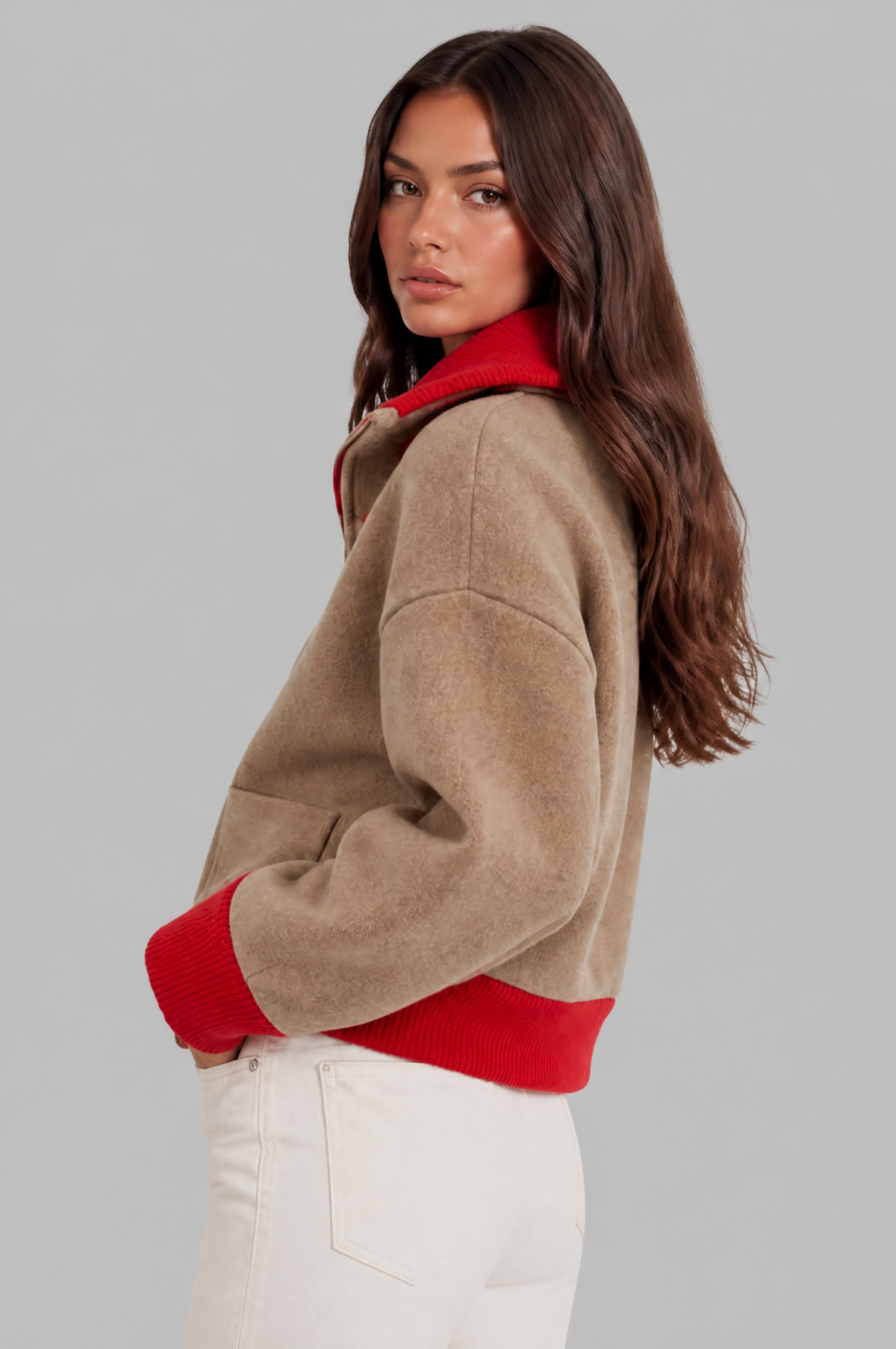Cropped Zip Up Cardigan with Contrast Rib Trims Audrey Calvero