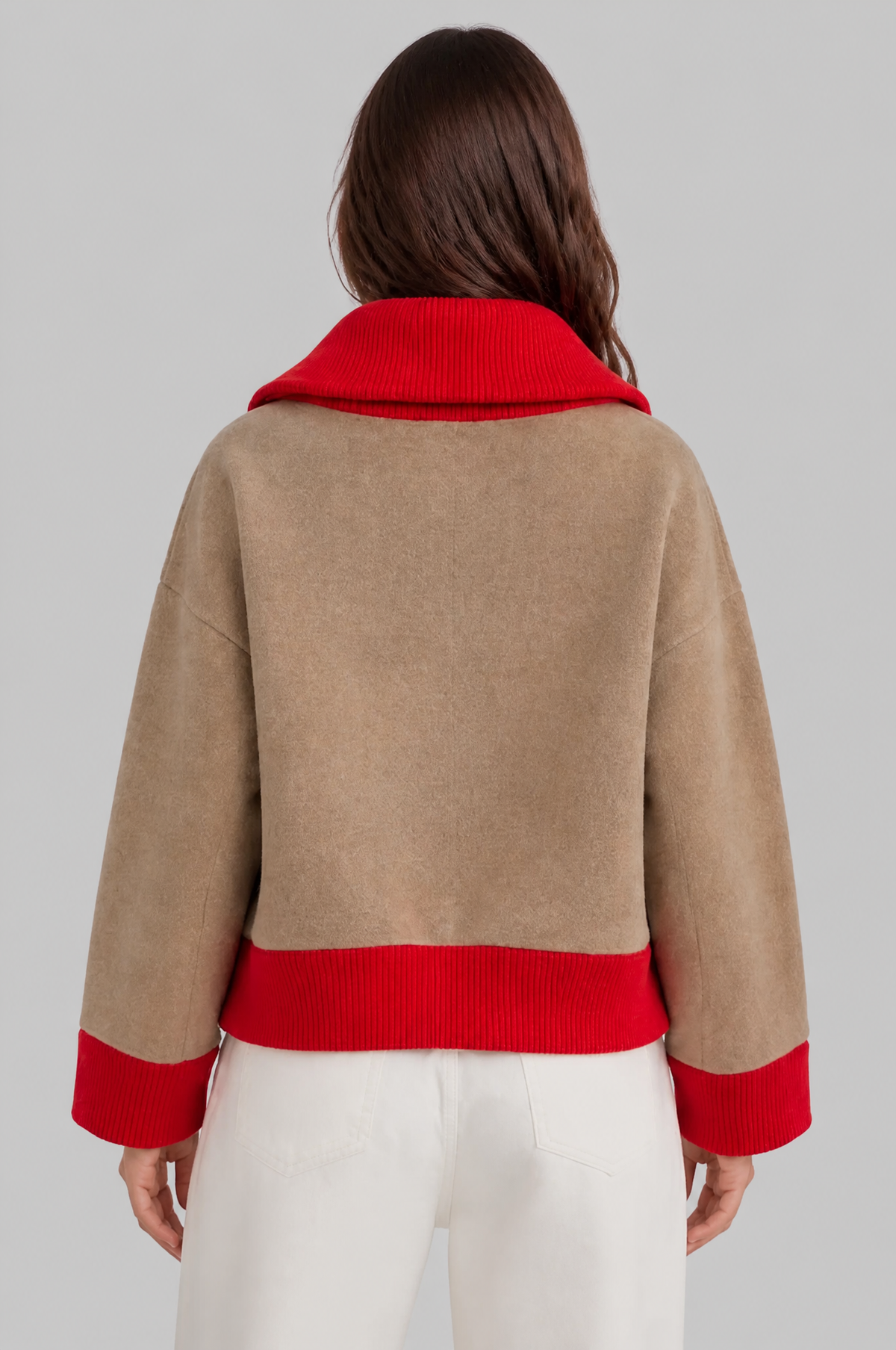 Cropped Zip Up Cardigan with Contrast Rib Trims Audrey Calvero