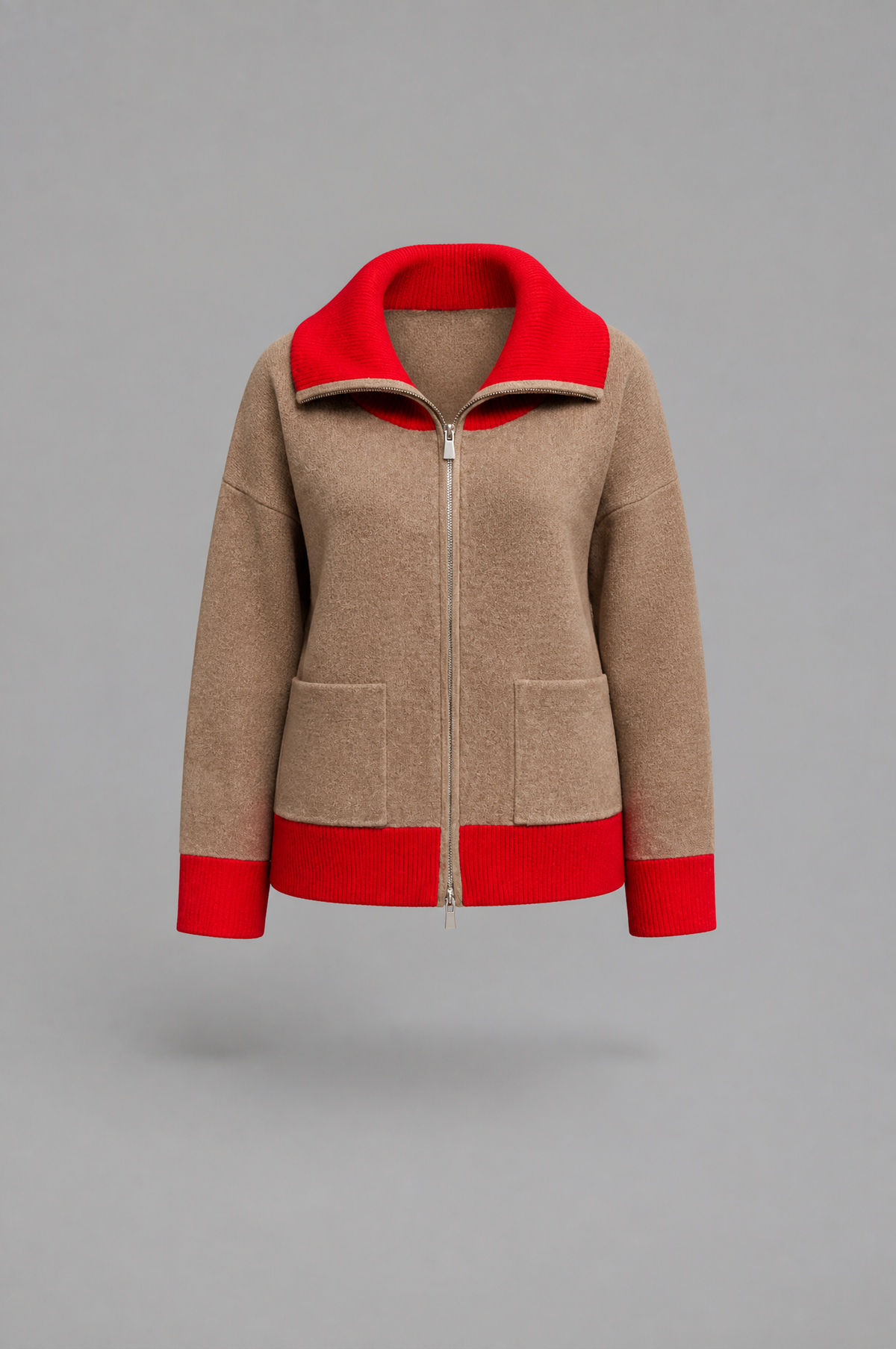 Cropped Zip Up Cardigan with Contrast Rib Trims Audrey Calvero
