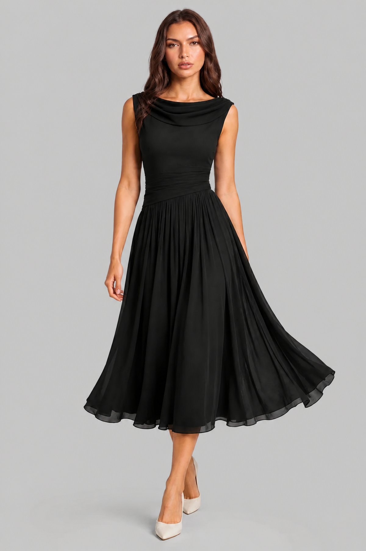 Chiffon Midi Dress with Cowl Back Audrey Calvero
