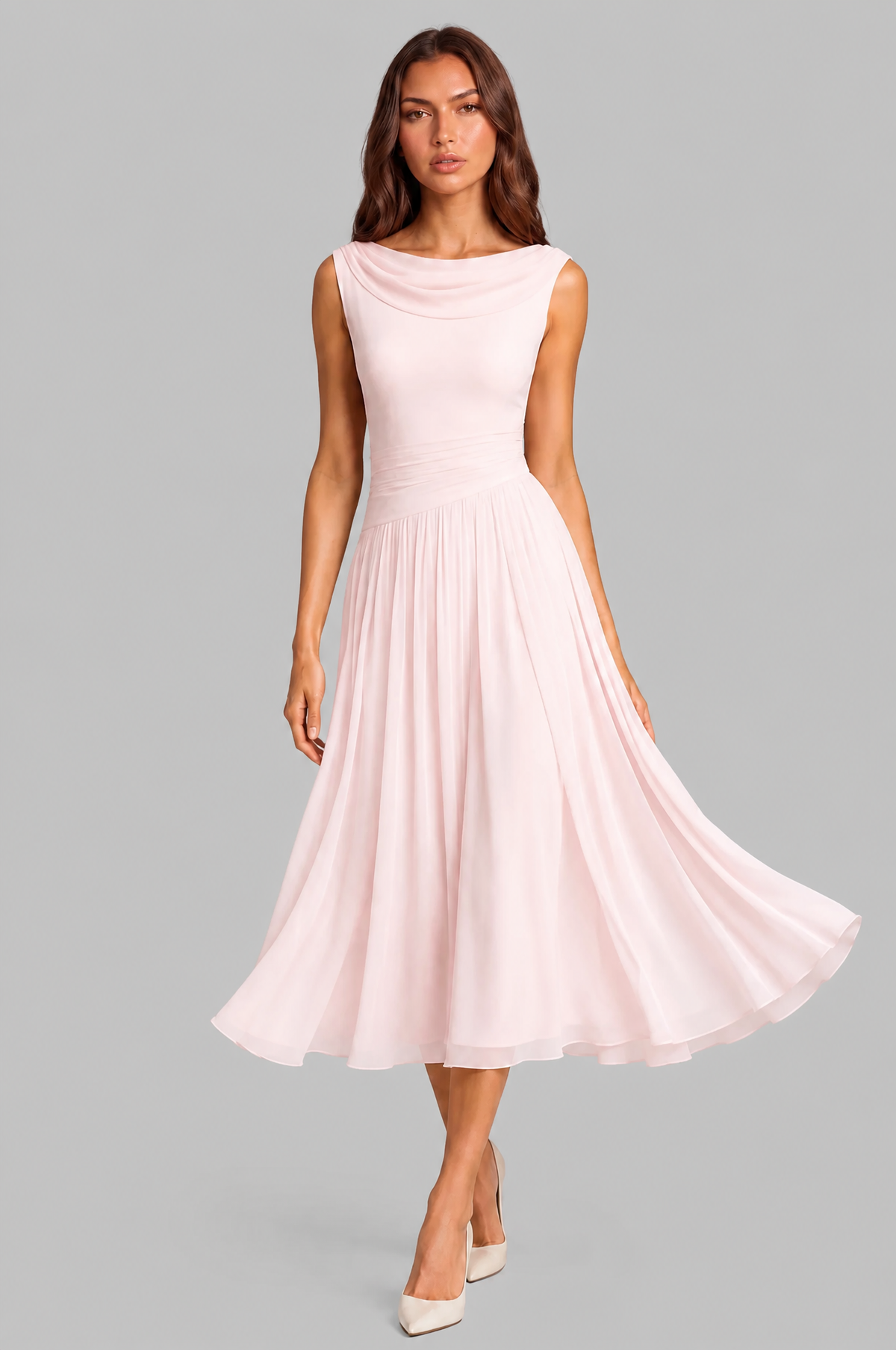Chiffon Midi Dress with Cowl Back Audrey Calvero
