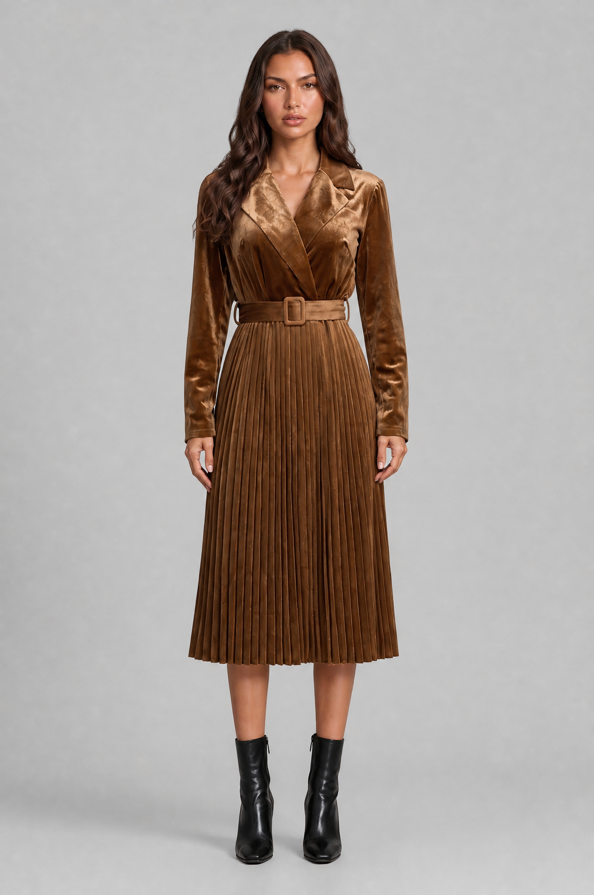 Velvet Pleated Midi Dress with Buckle Belt Audrey Calvero