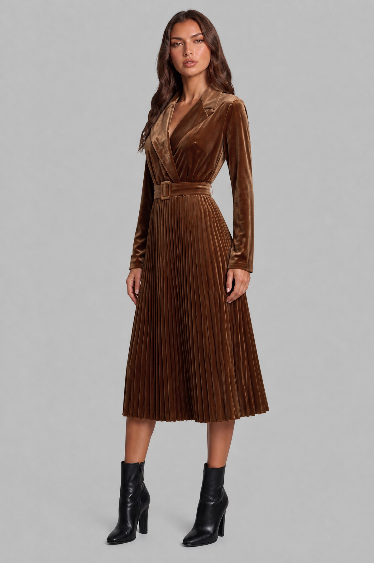 Velvet Pleated Midi Dress with Buckle Belt Audrey Calvero