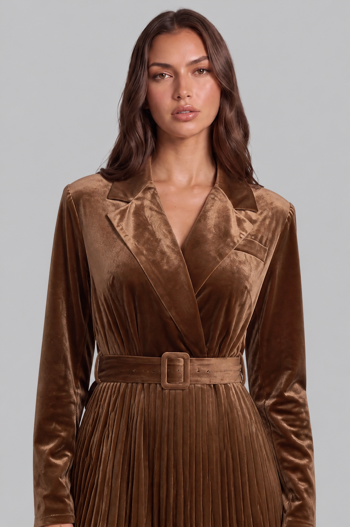 Velvet Pleated Midi Dress with Buckle Belt Audrey Calvero