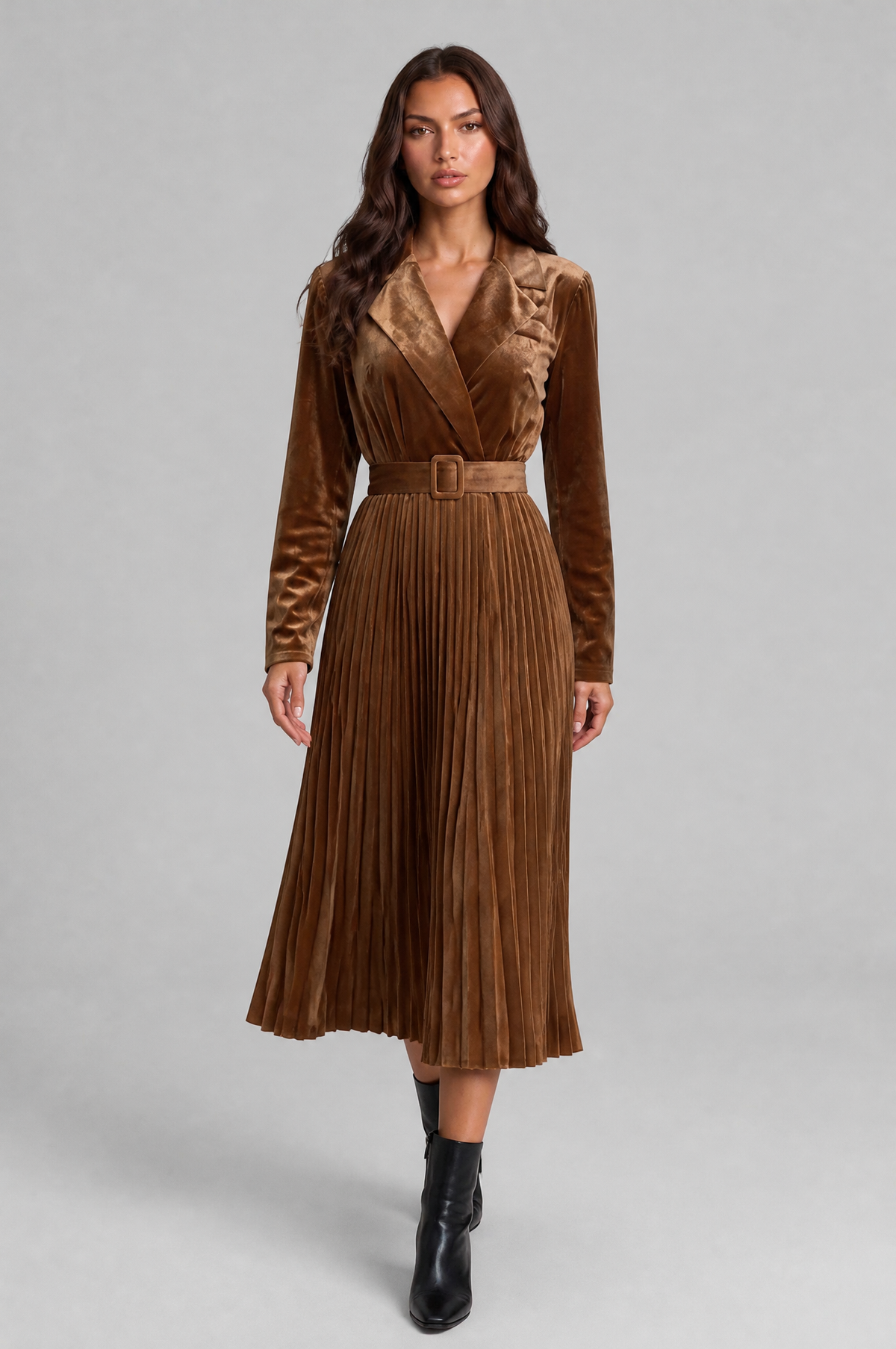 Velvet Pleated Midi Dress with Buckle Belt Audrey Calvero